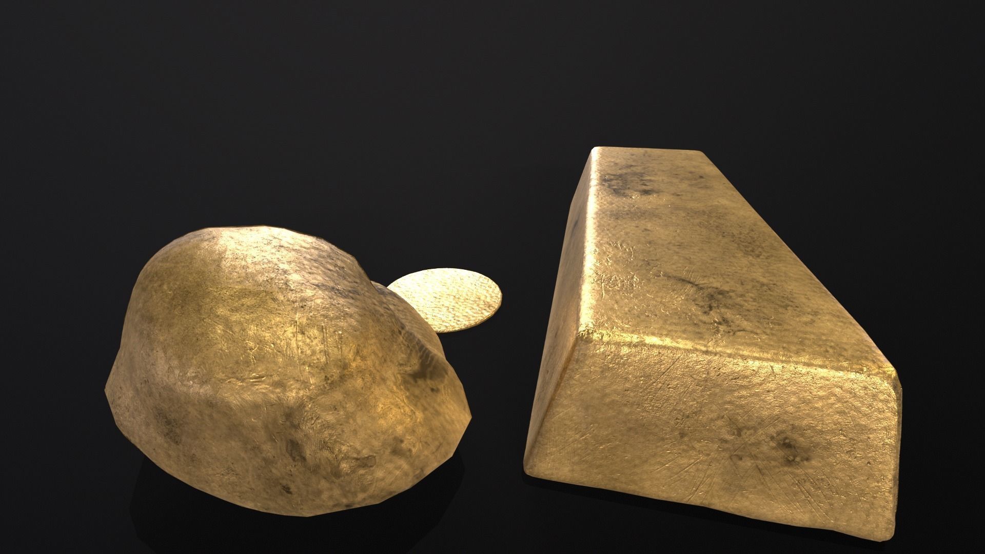 Gold Ingot Nugget and Coin Low-poly 3D model_10