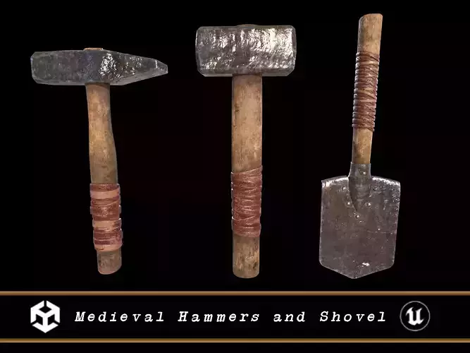 Medieval Hammers and Shovel Low-poly 3D model