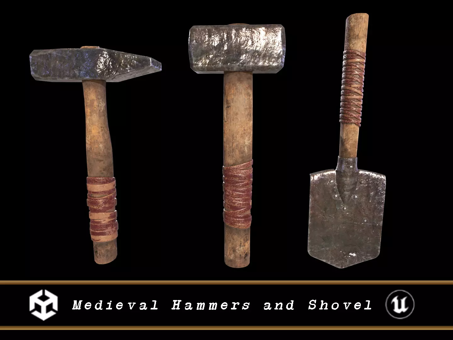 Medieval Hammers and Shovel Low-poly 3D model_0