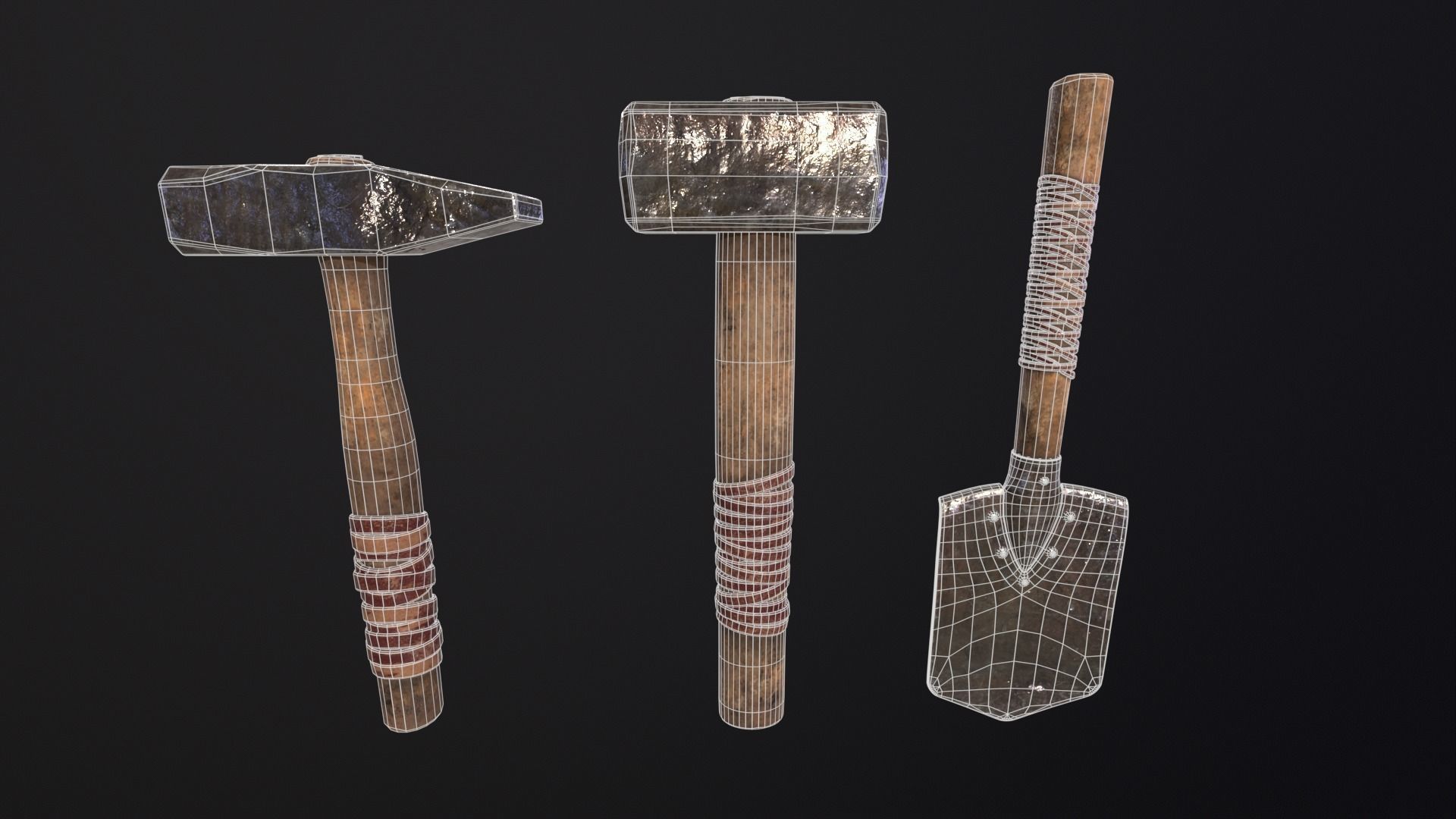 Medieval Hammers and Shovel Low-poly 3D model_3