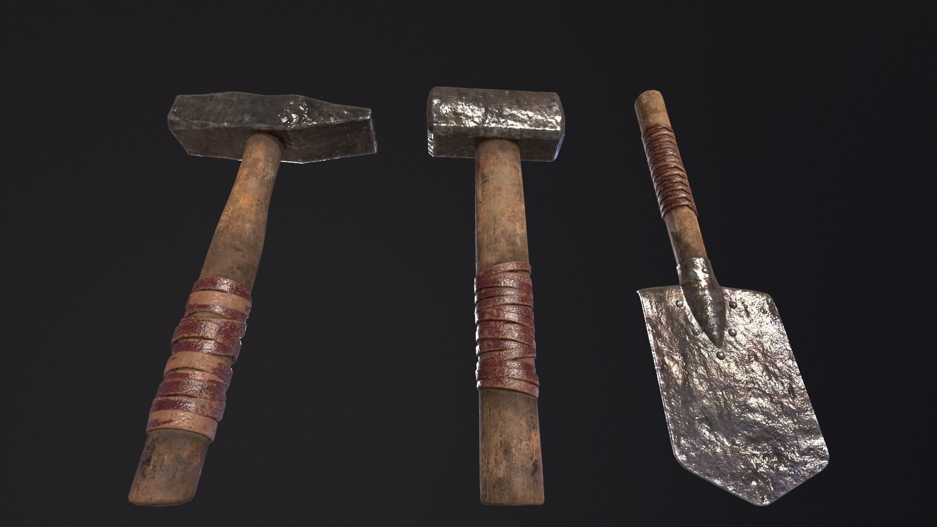 Medieval Hammers and Shovel Low-poly 3D model_4