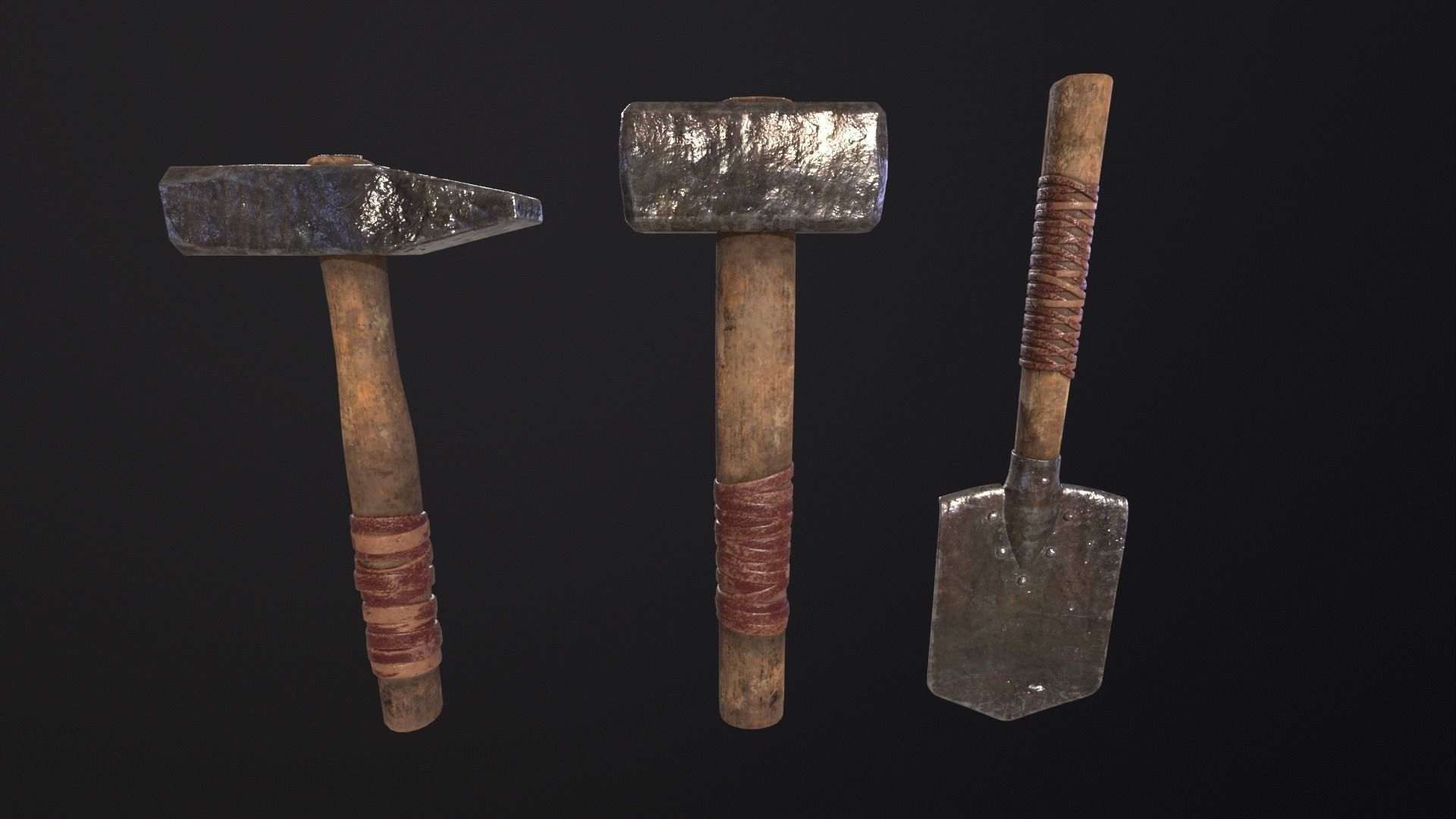 Medieval Hammers and Shovel Low-poly 3D model_2