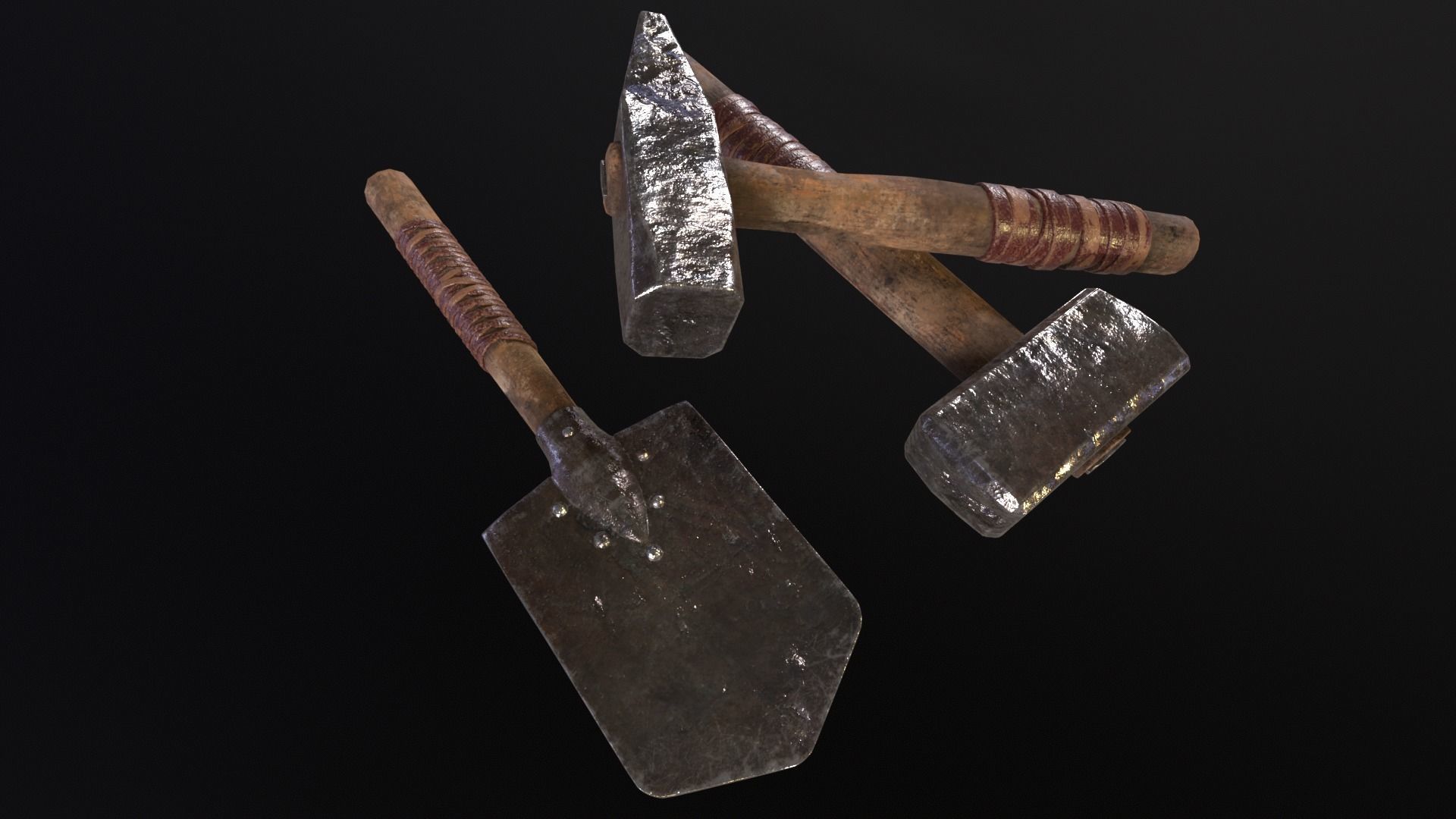 Medieval Hammers and Shovel Low-poly 3D model_20