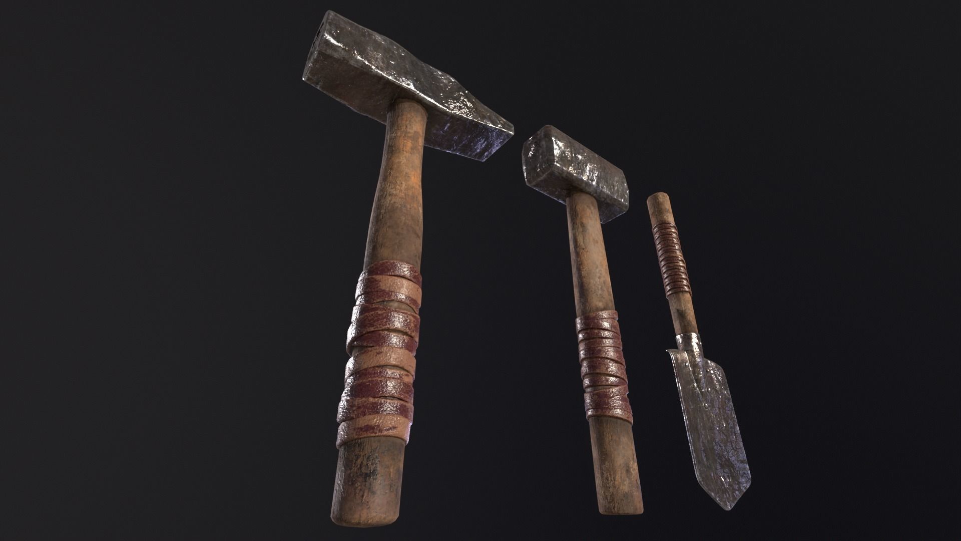 Medieval Hammers and Shovel Low-poly 3D model_6