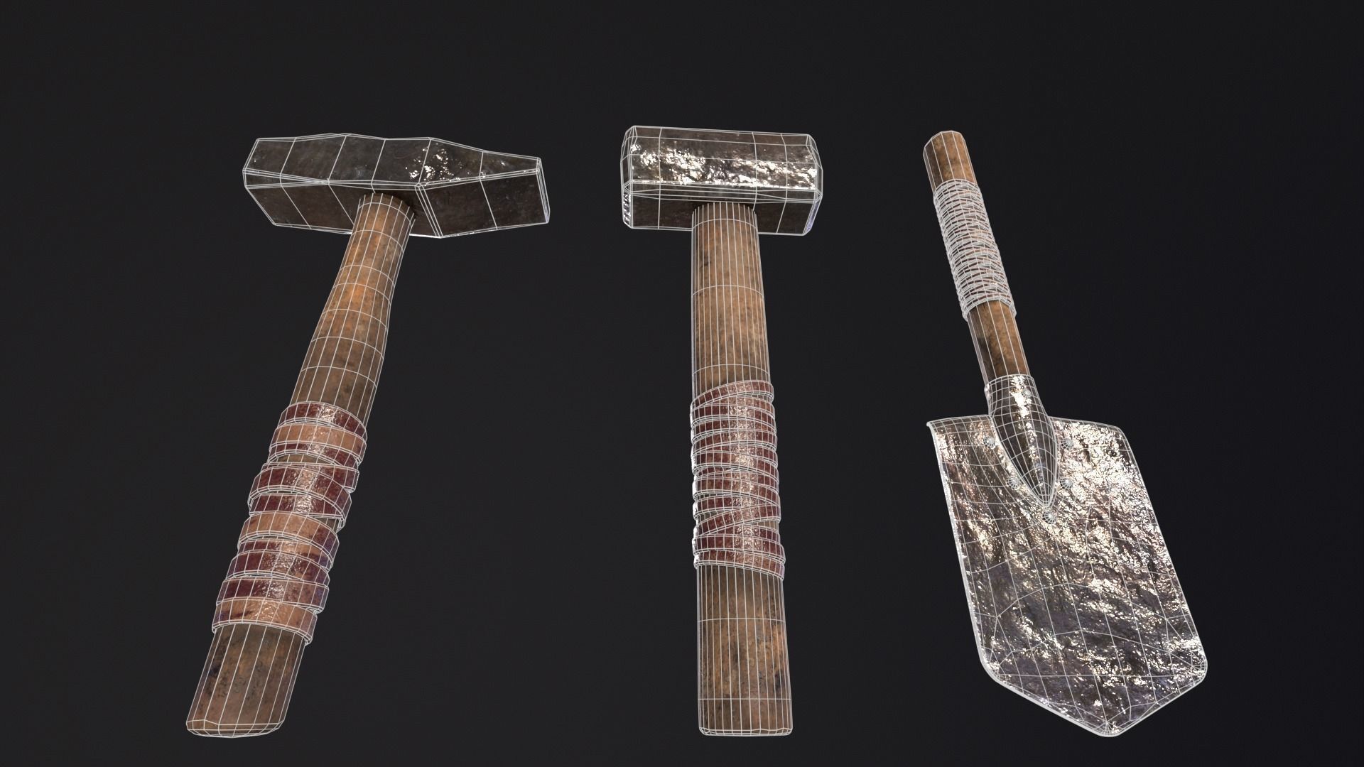 Medieval Hammers and Shovel Low-poly 3D model_5