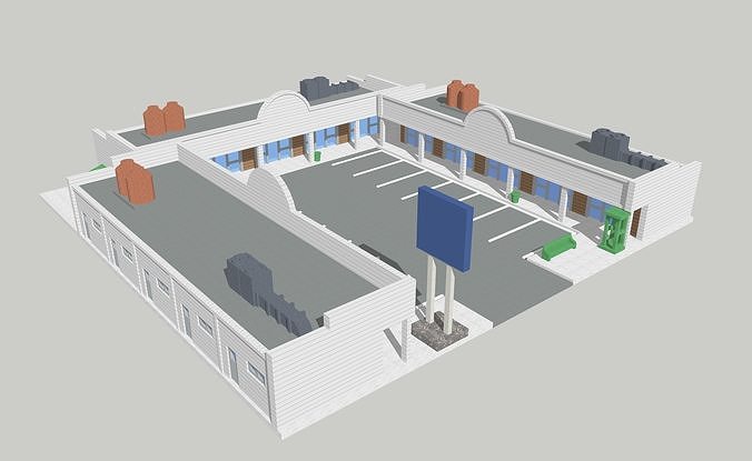 Large Shopping Centre Mall w Parking Lot by Outland Models Low-poly 3D model