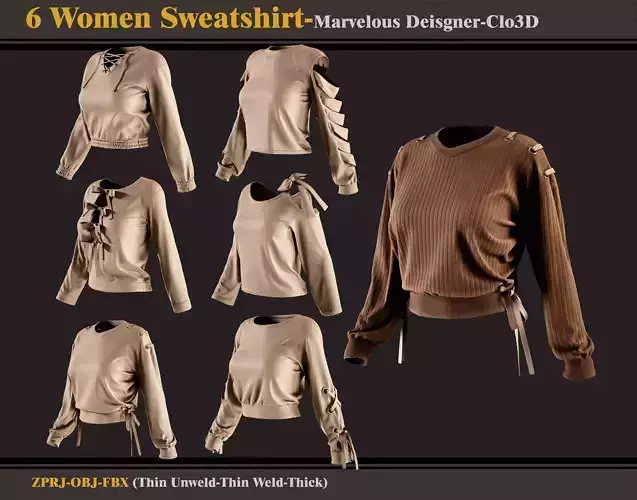 6 Women Sweatshirt -MD-Clo3D -ZPRJ - FBX - OBJ