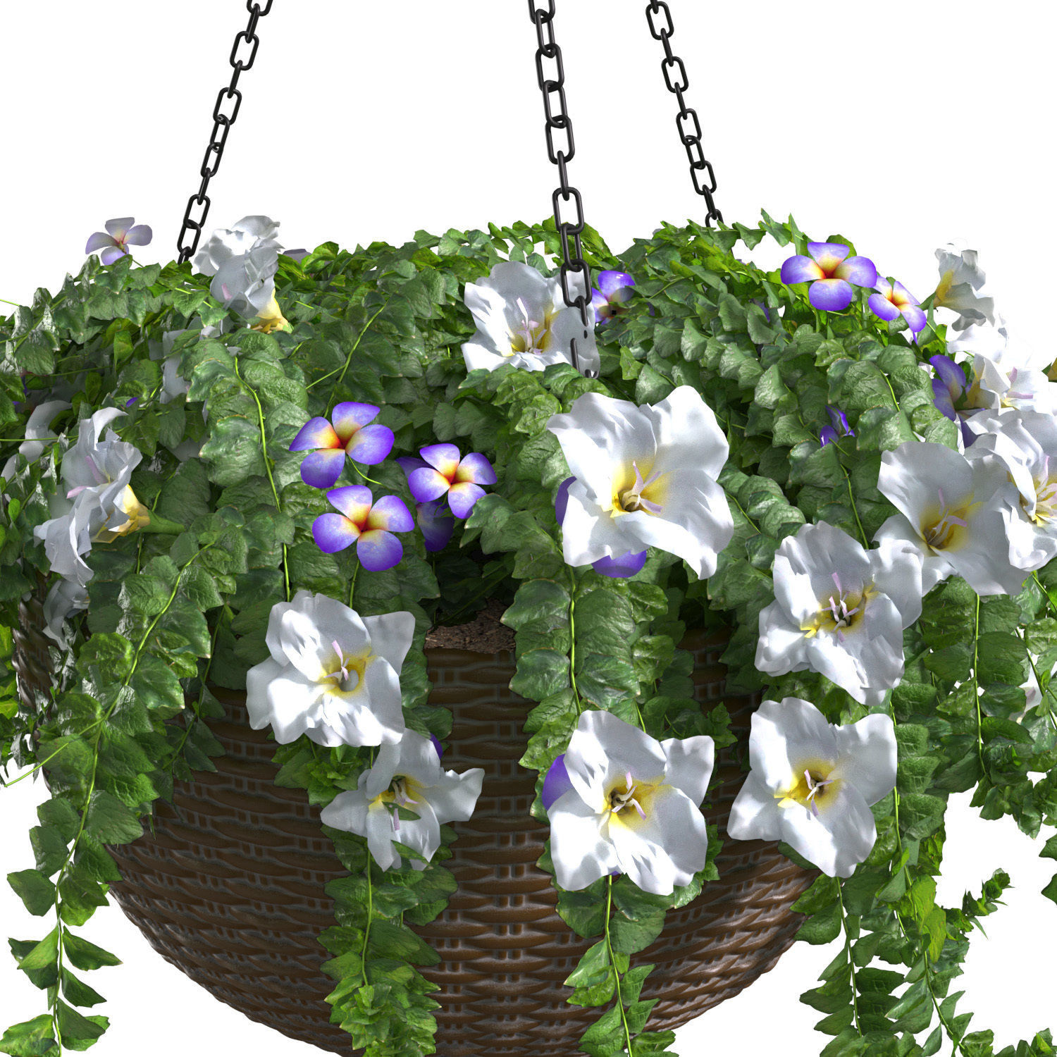 Hanging basket flowerpot rattan pot with flowers 3D model_1