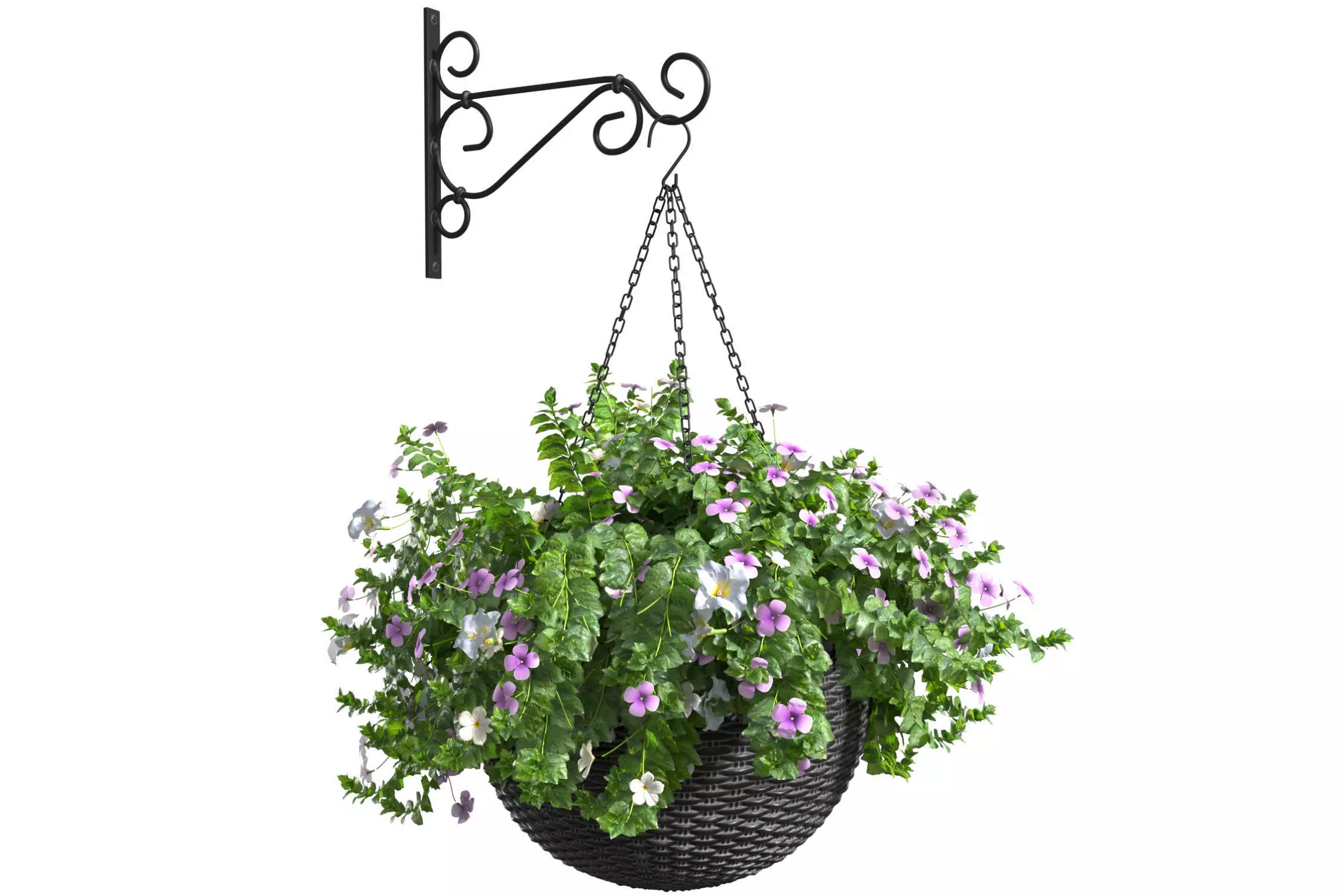 Hanging basket flowerpot rattan pot with flowers 3D model_0