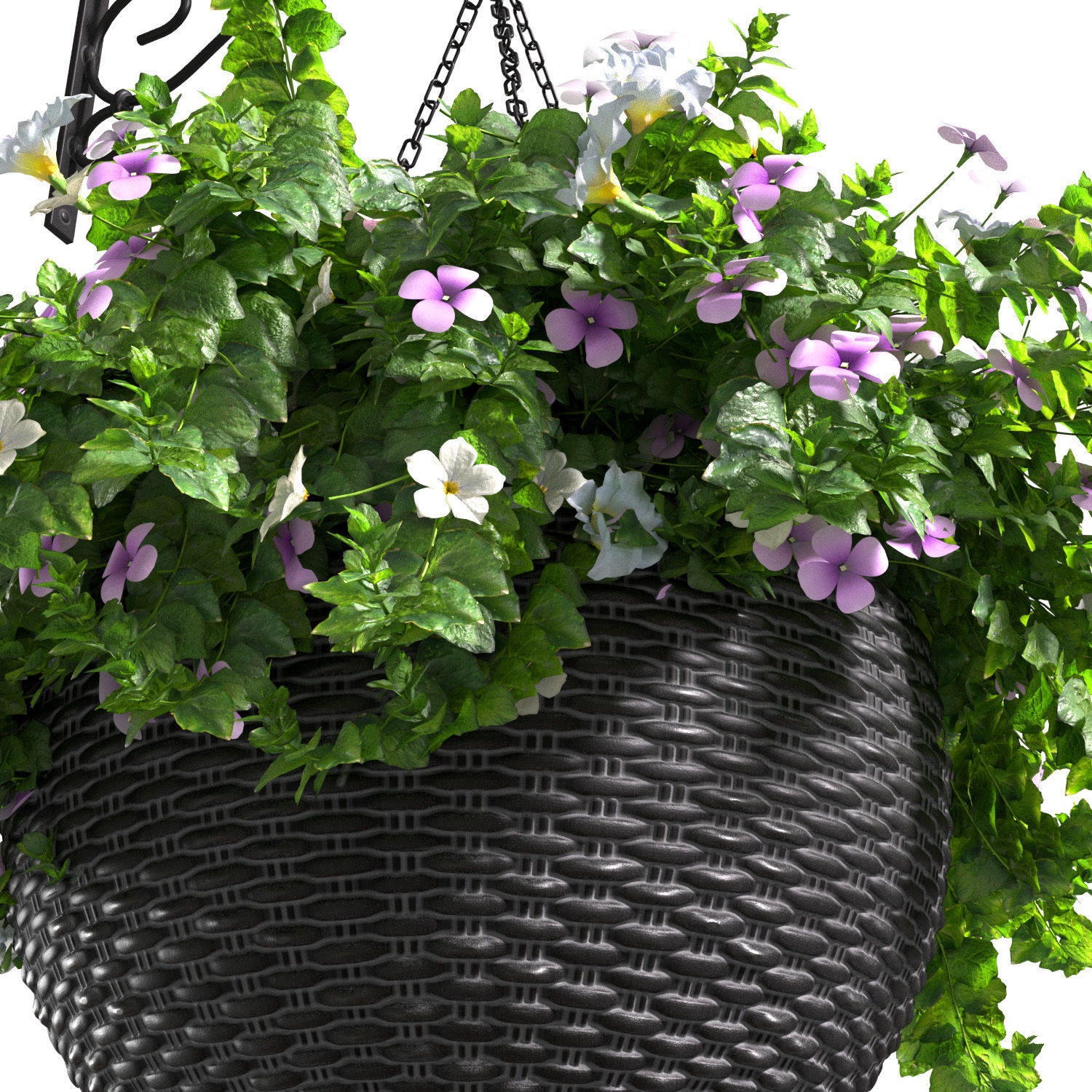 Hanging basket flowerpot rattan pot with flowers 3D model_1