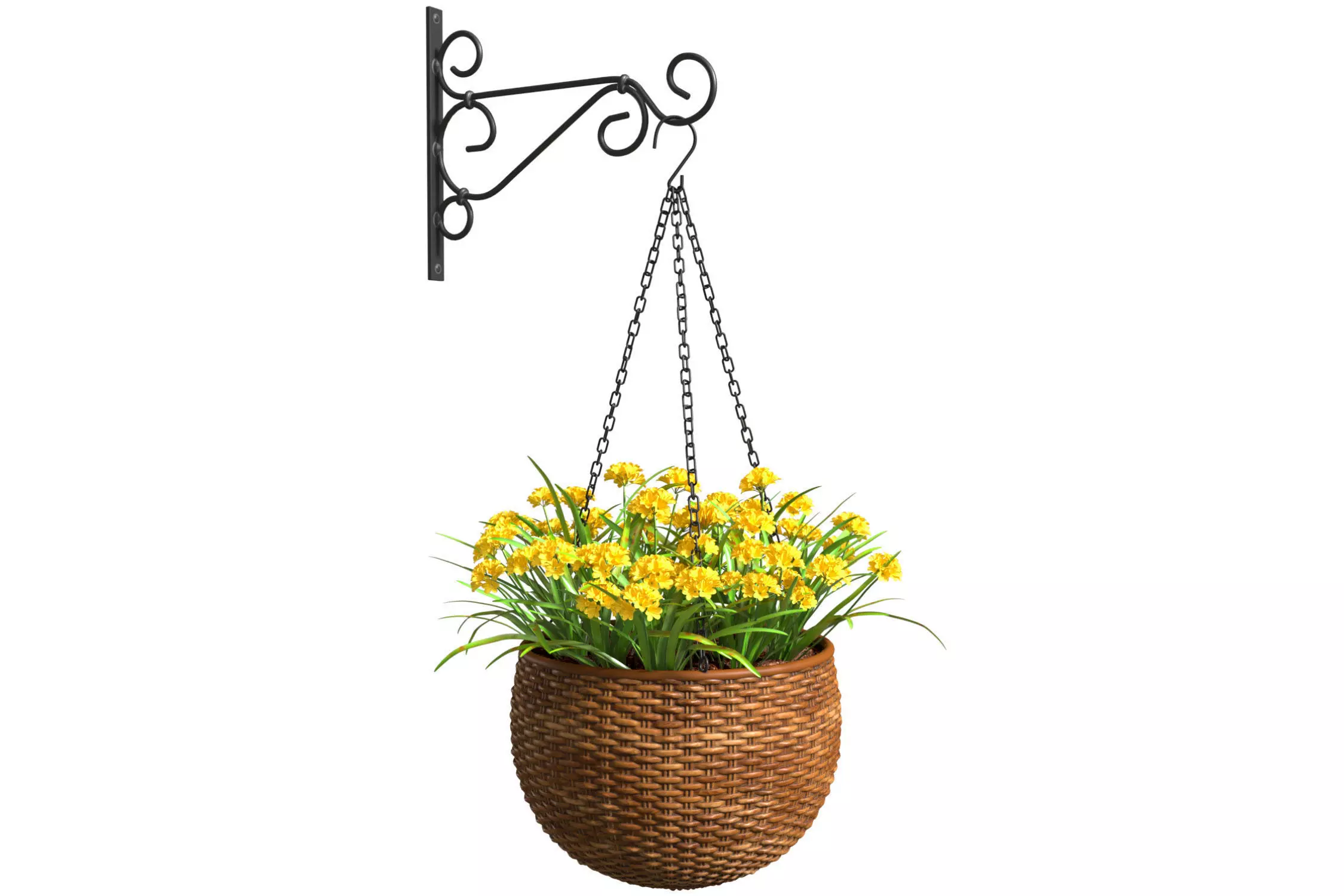 Hanging basket flowerpot rattan pot with flowers 3D model_0