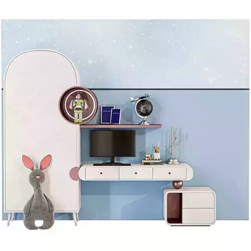 Children wall with a workplace and toys Soft toy