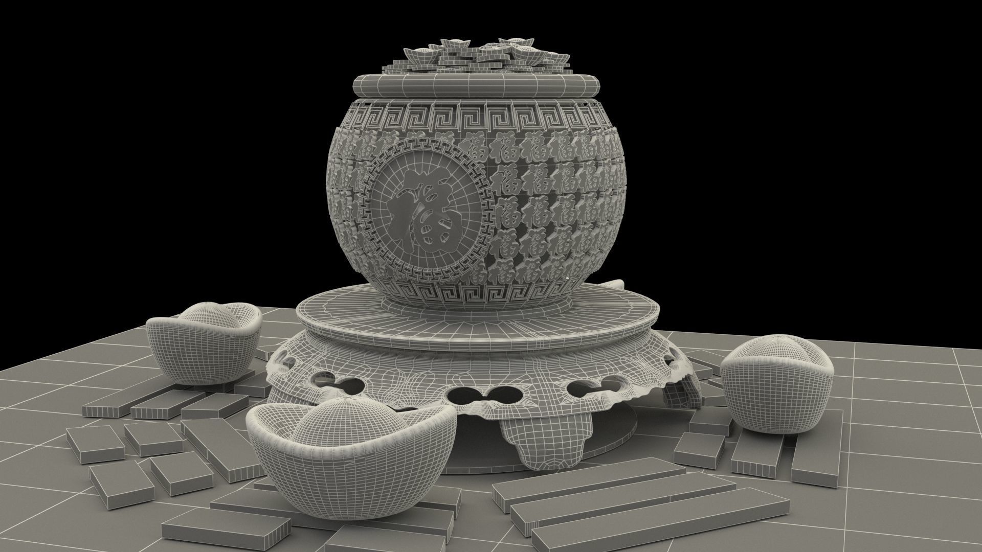Chinese treasure pot 3D model_6