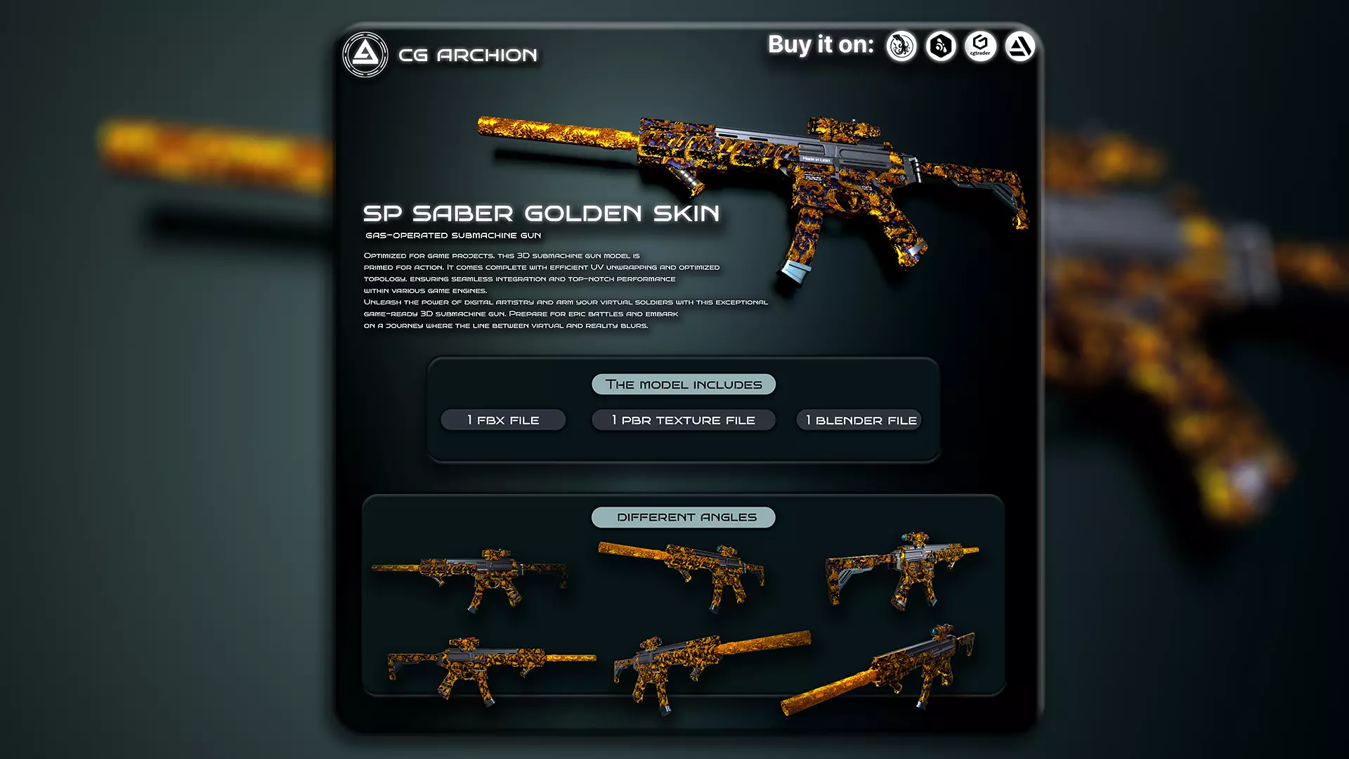 SP SABER SMG Golden Dragon Skin Low-poly 3D model_0