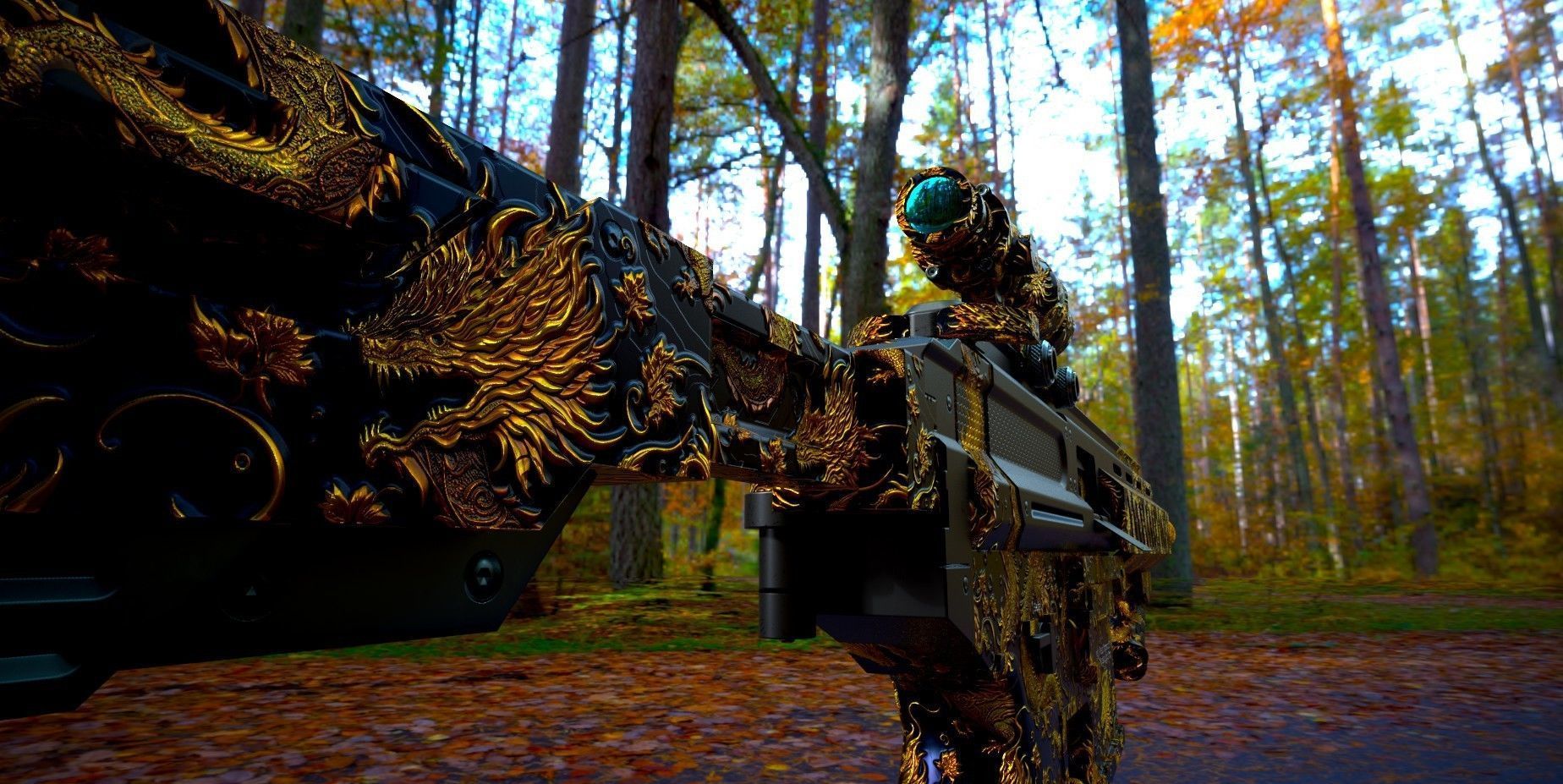 SP SABER SMG Golden Dragon Skin Low-poly 3D model_7