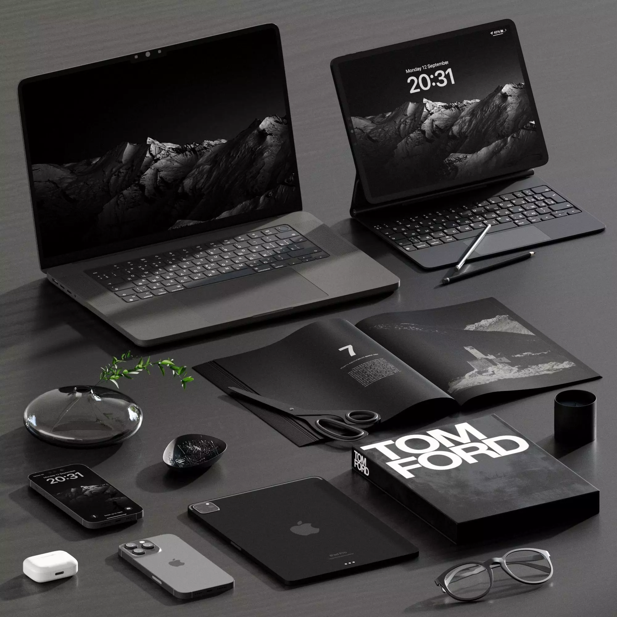 Black and white decorative set for desktop 3D model