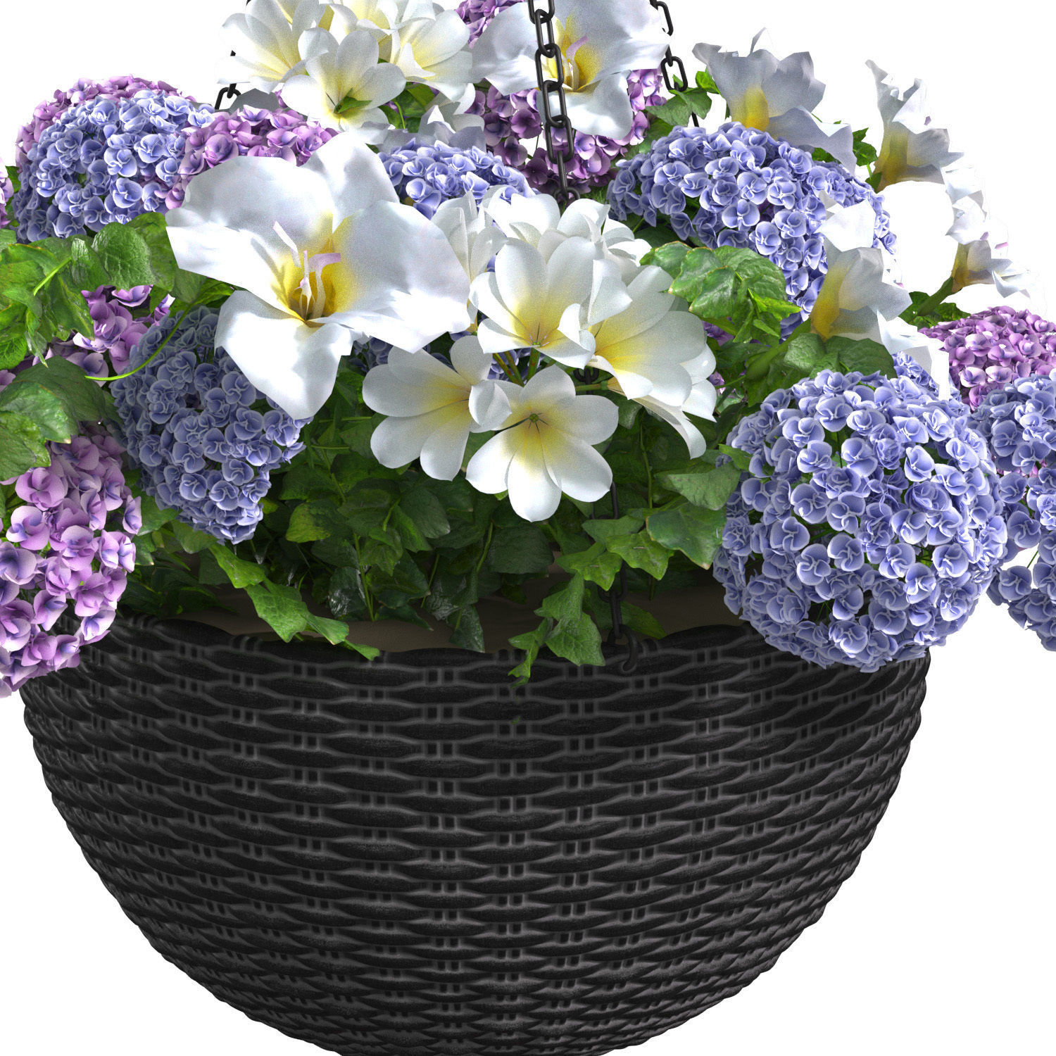 Hanging basket flowerpot rattan pot with flowers 3D model_1