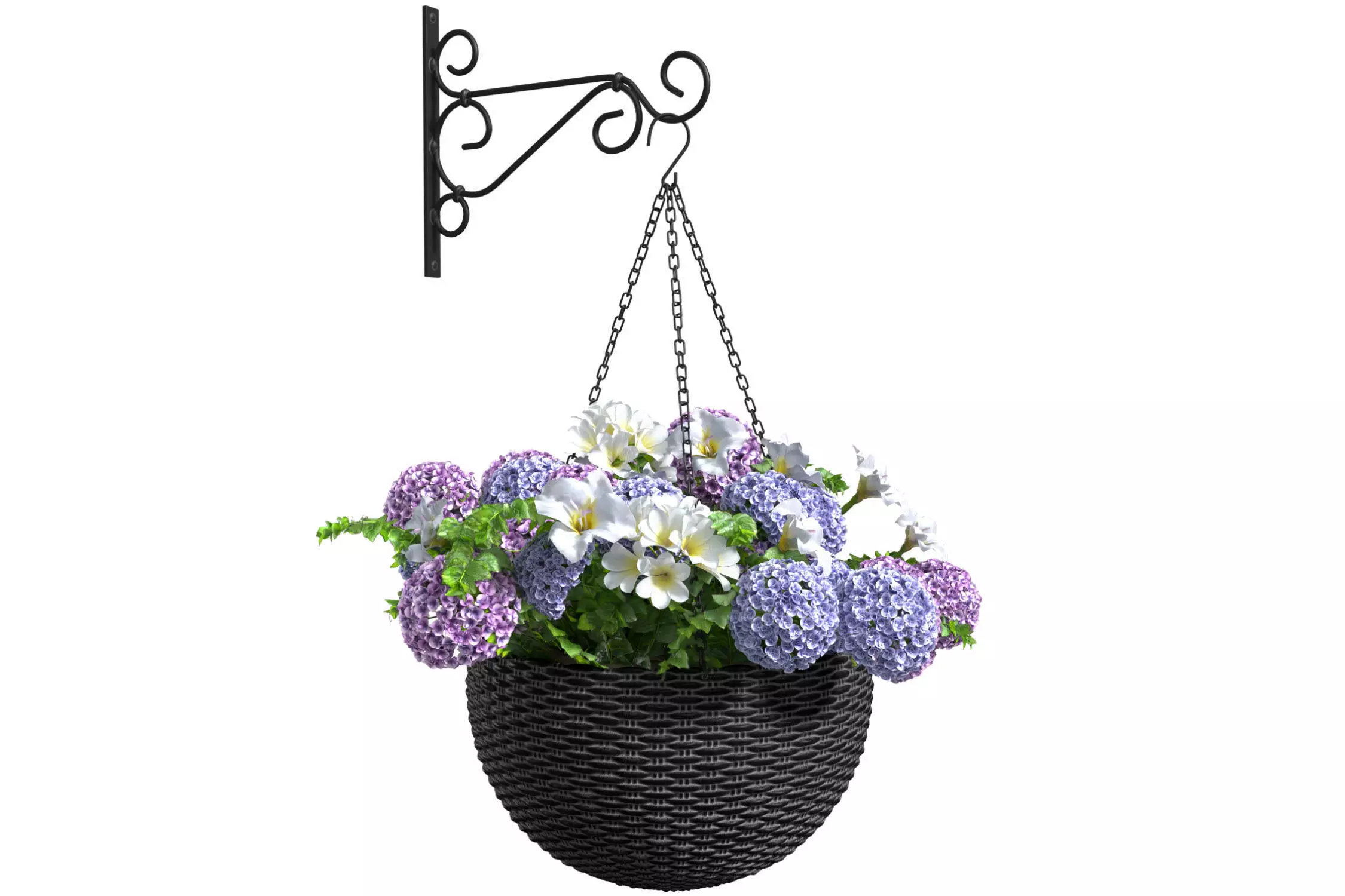 Hanging basket flowerpot rattan pot with flowers 3D model_0