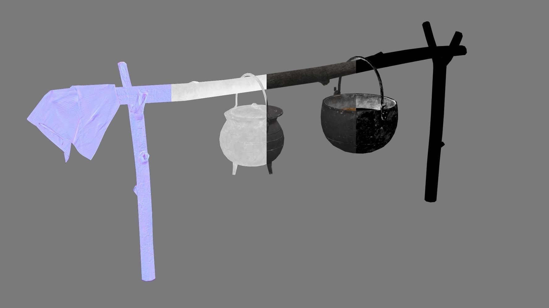 Bonfire with Hanging Cauldrons and firewood 3D Model Collection_10