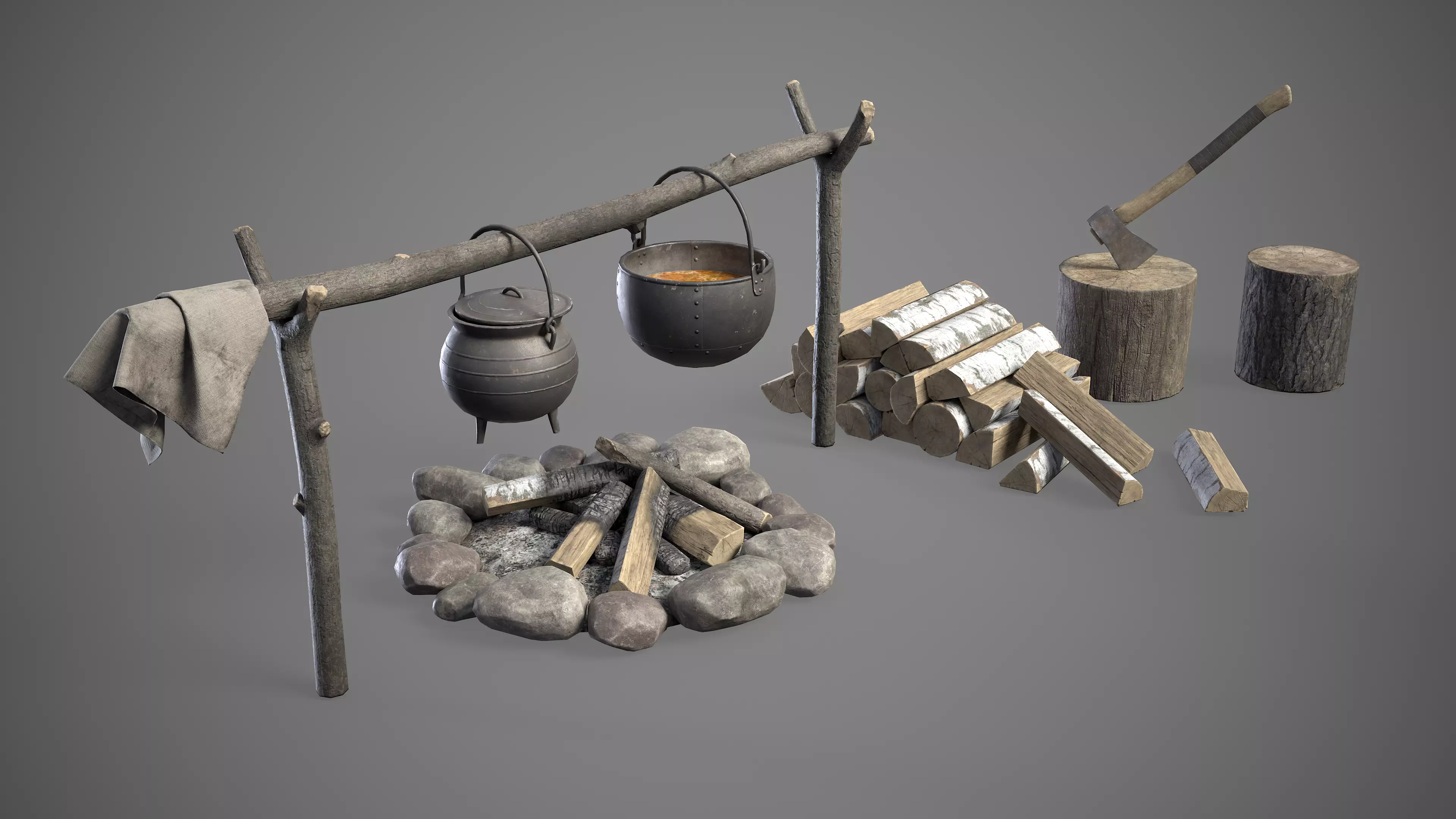 Bonfire with Hanging Cauldrons and firewood 3D Model Collection_0