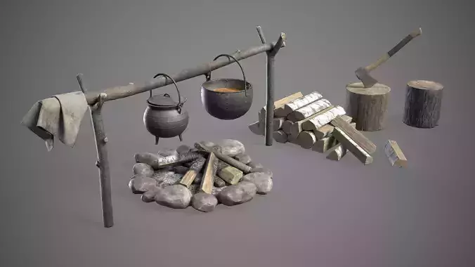 Bonfire with Hanging Cauldrons and firewood 3D Model Collection