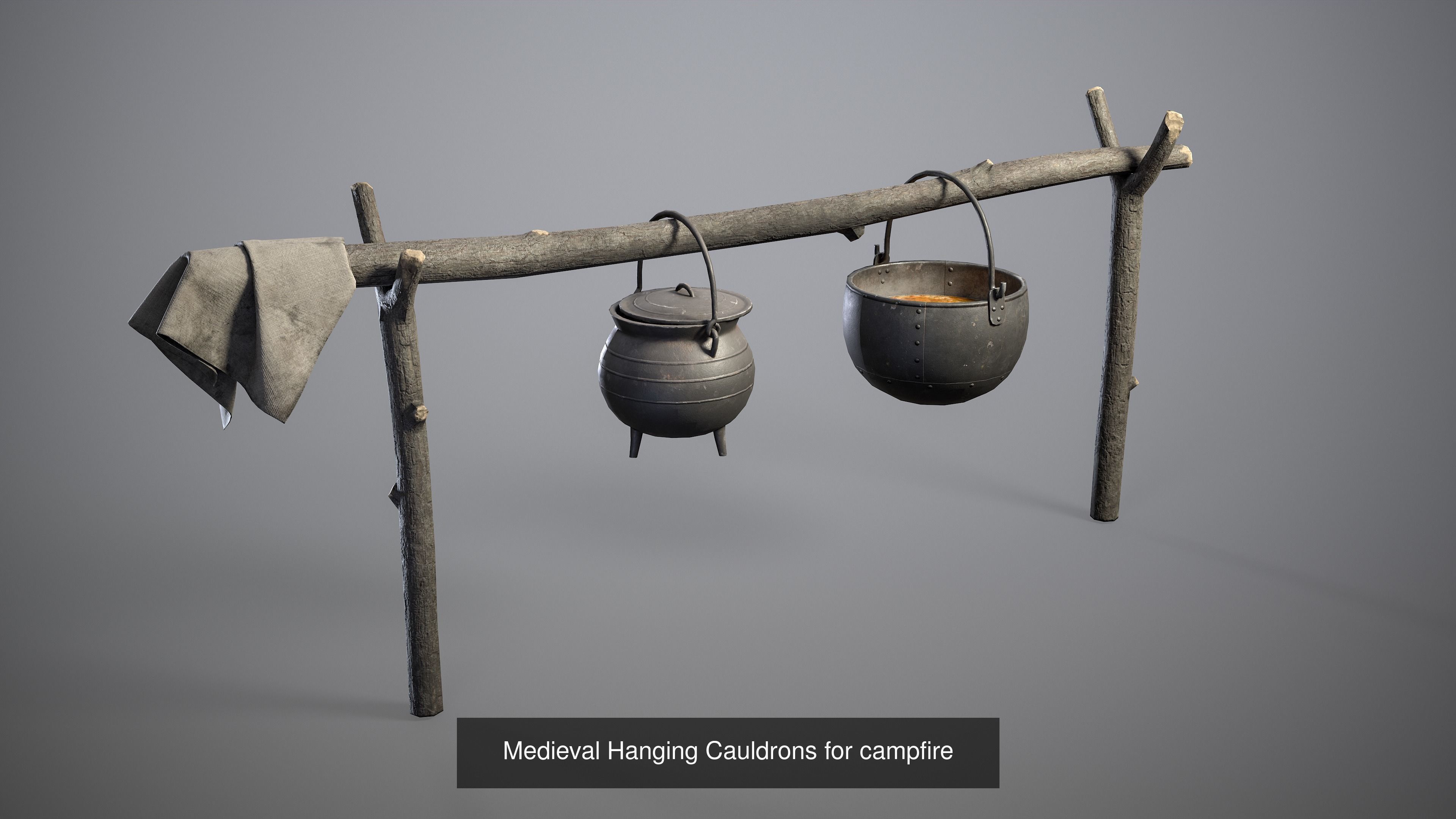 Bonfire with Hanging Cauldrons and firewood 3D Model Collection_4
