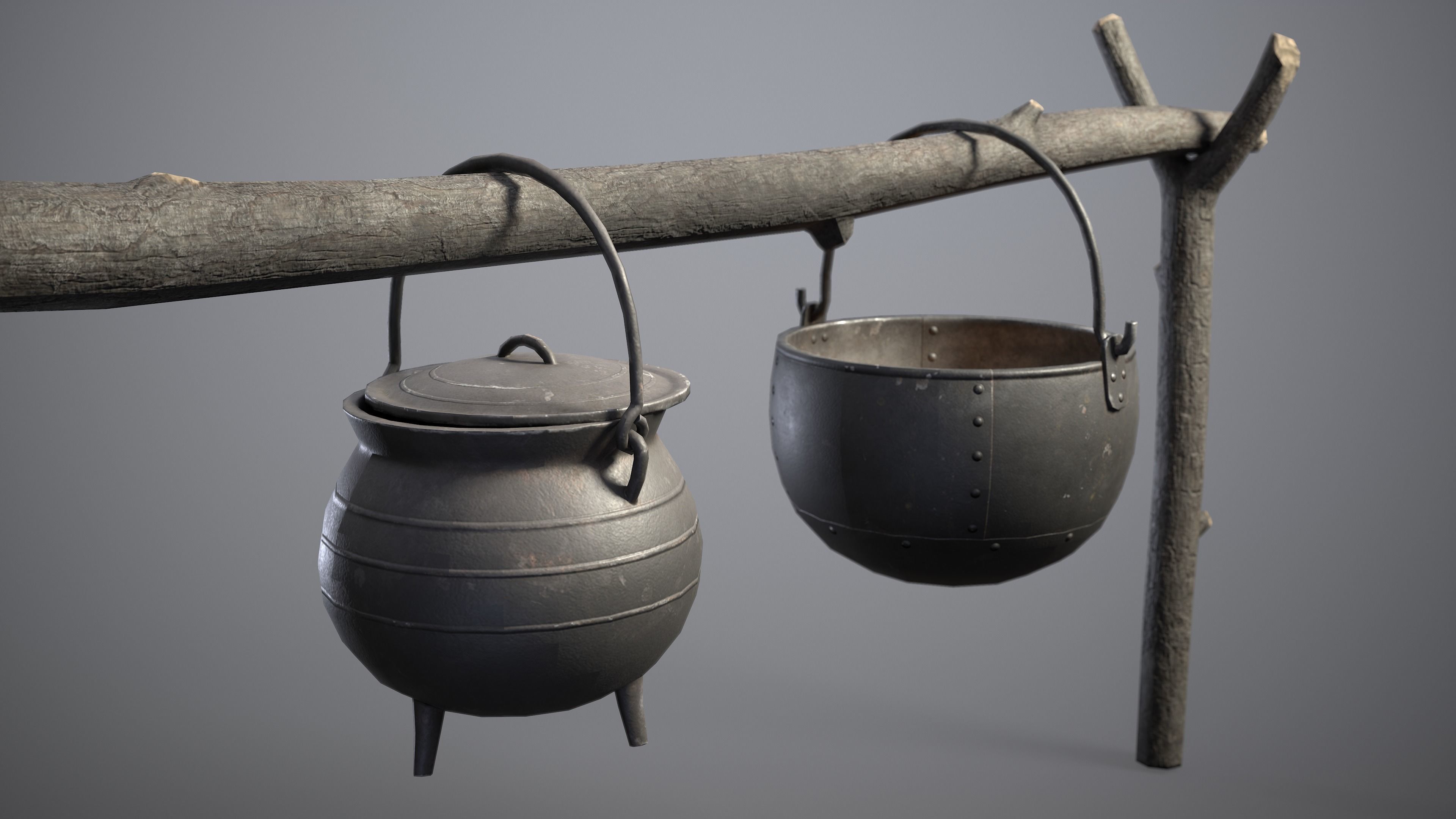 Bonfire with Hanging Cauldrons and firewood 3D Model Collection_5