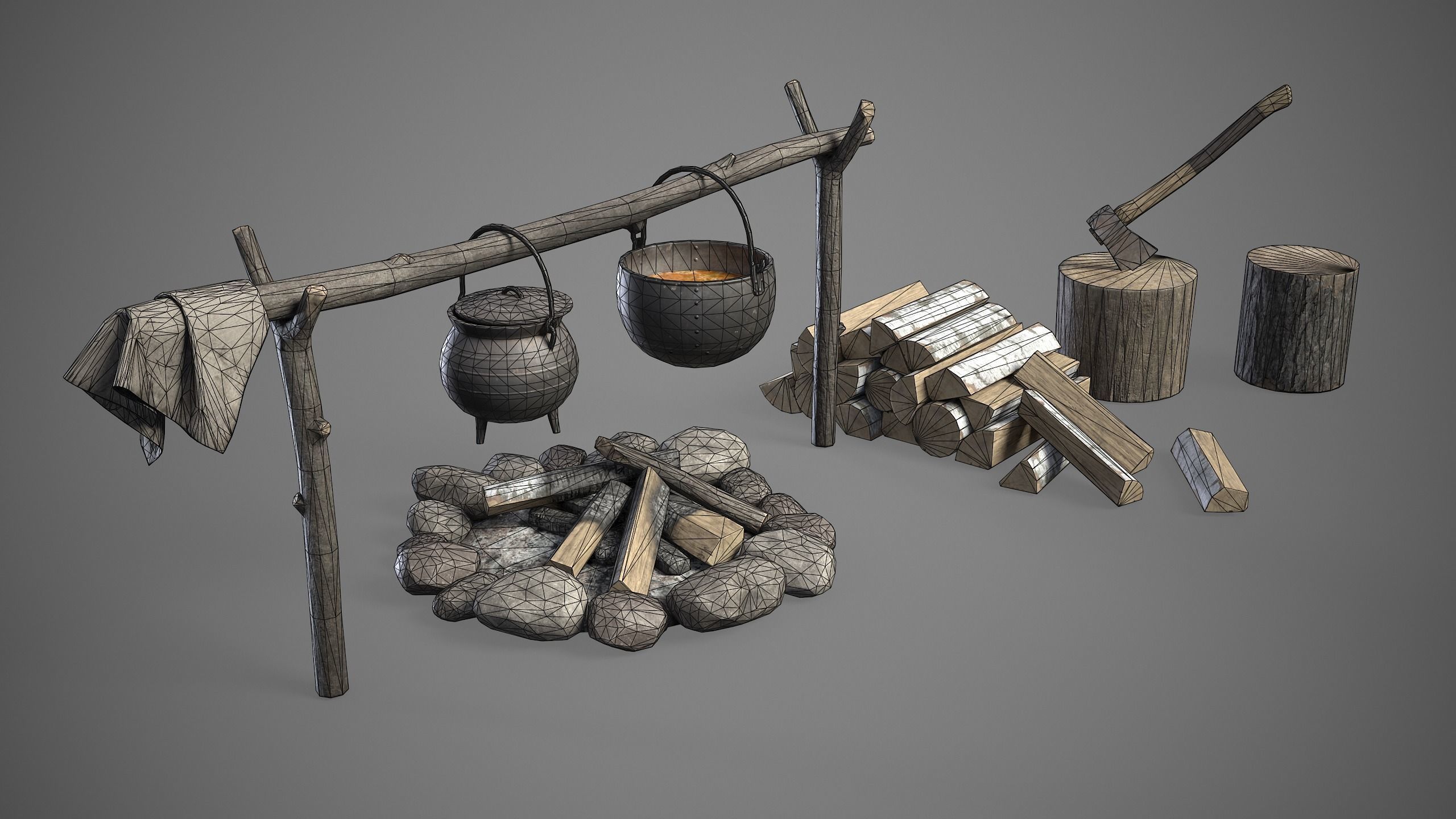 Bonfire with Hanging Cauldrons and firewood 3D Model Collection_1