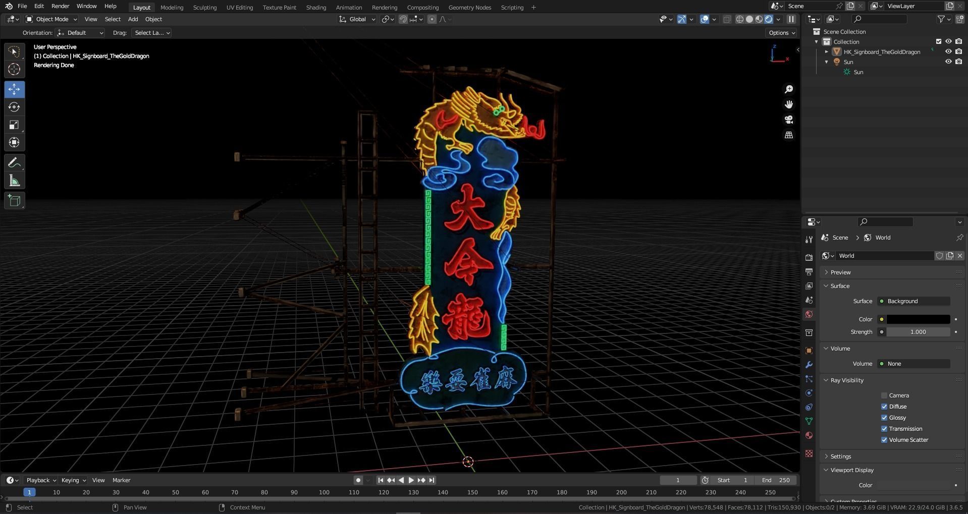 Hong Kong Neon Sign The Gold Dragon 3D model_5