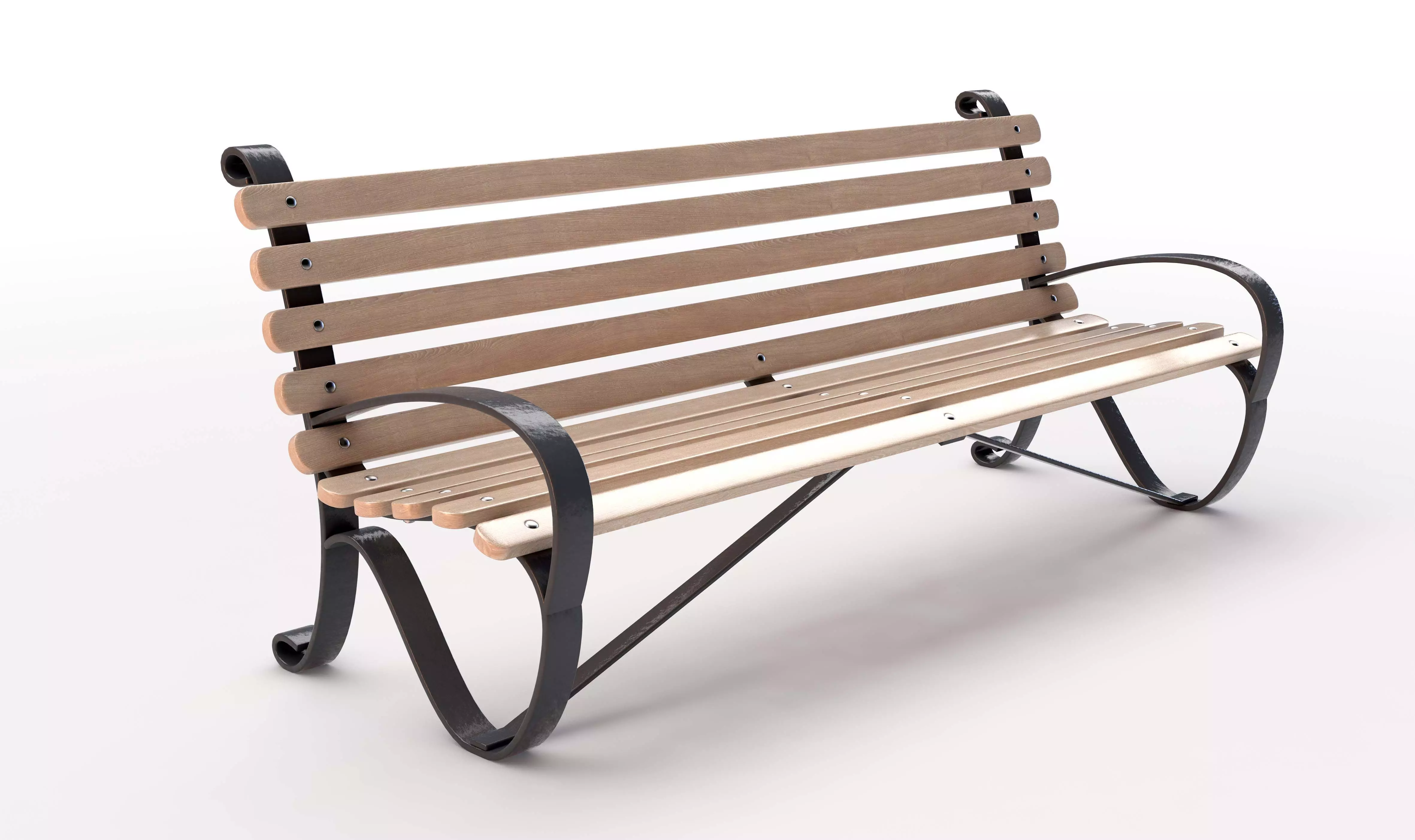Wooden Slatted Park Bench 3D model_0