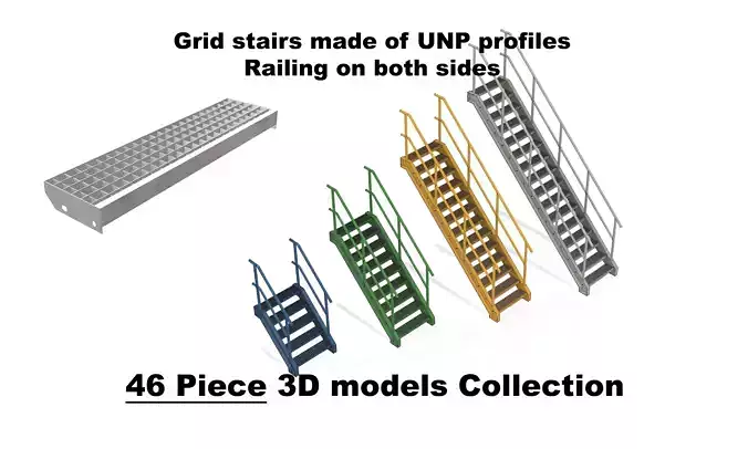 Grid stairs collection - handrail on both sides - 46 versions 3D model