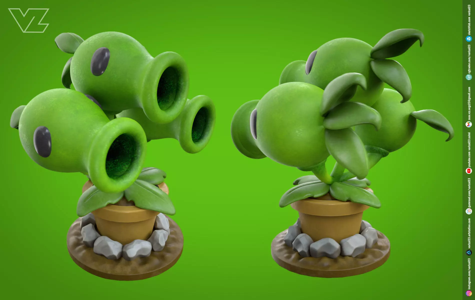 Plants vs Zombies - Threepeater - 7 File Types - PBR Material Low-poly 3D model_0