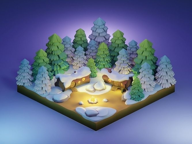 Winter diorama Low-poly 3D model