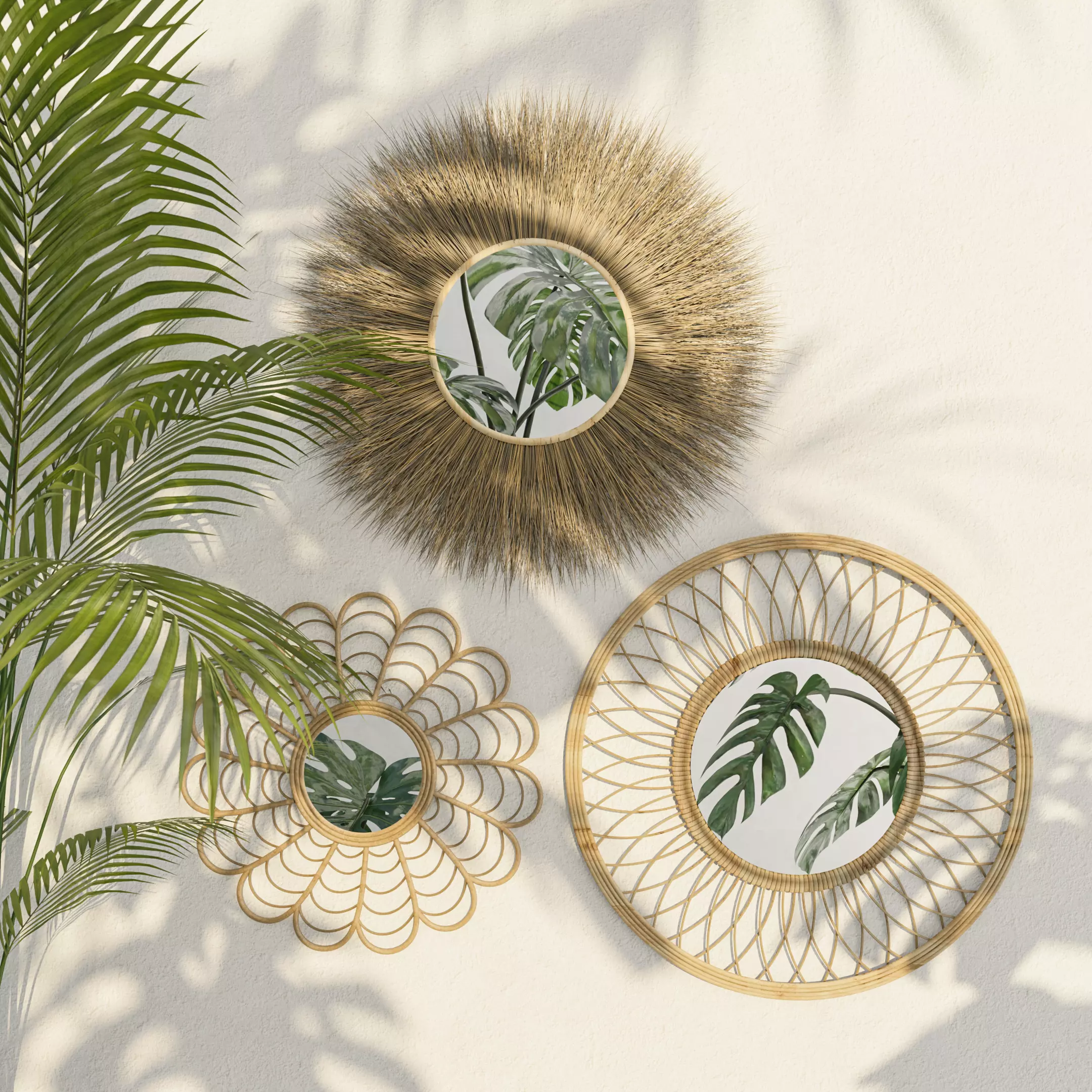 Aesthetic Rattan wood bamboo boho decoration mirror set 3D model