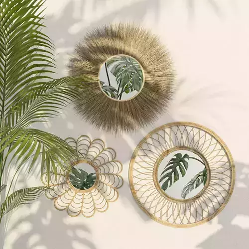 Aesthetic Rattan wood bamboo boho decoration mirror set