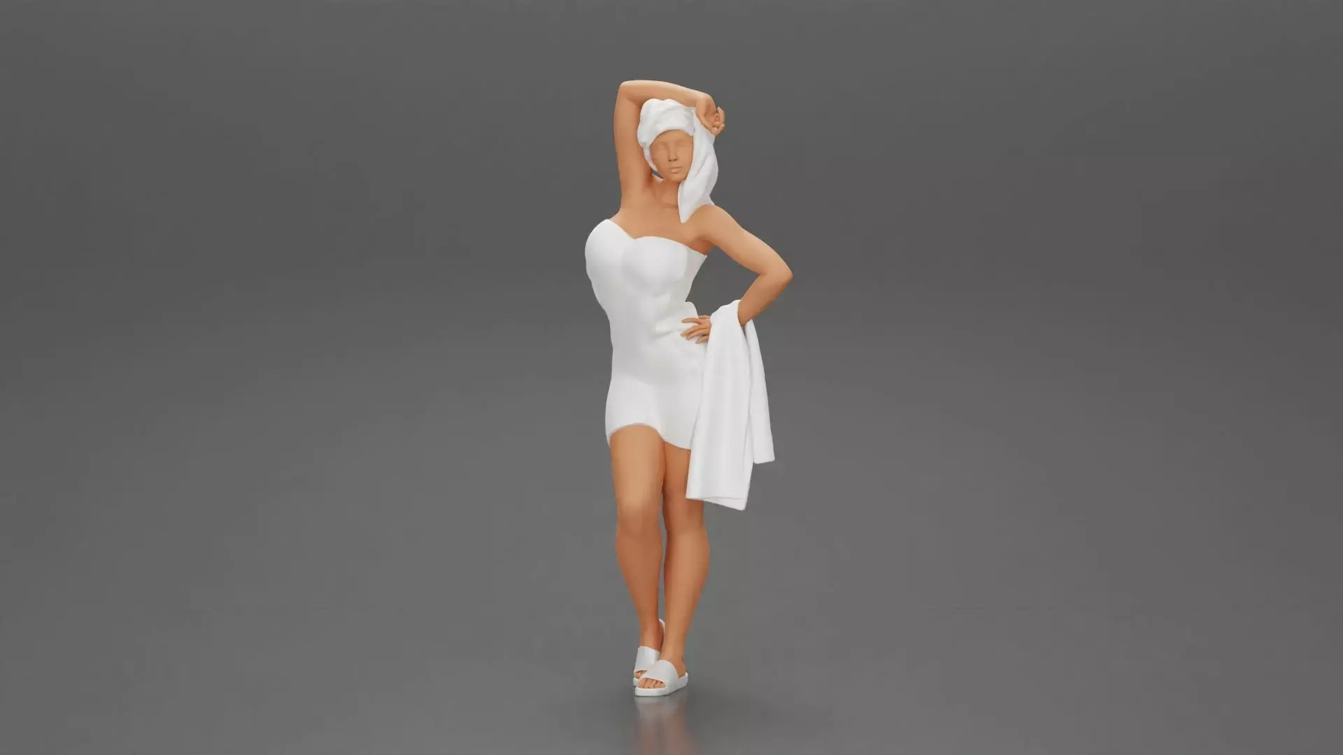 woman after shower wearing bathrobe holding bath towel 3D print model