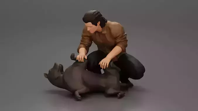 man sitting on the sidewalk and petting his dog