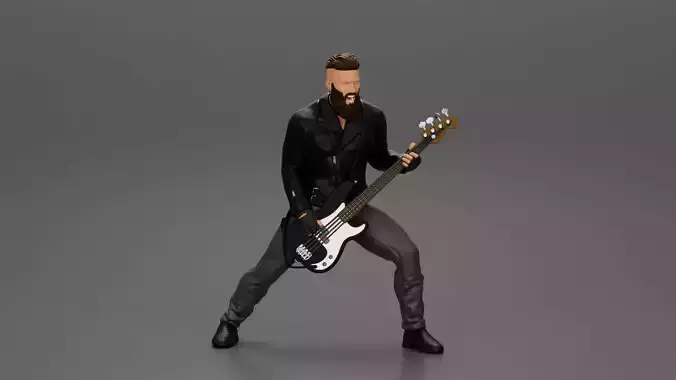Rockman play bass guitar in leather jacket with long hair beard