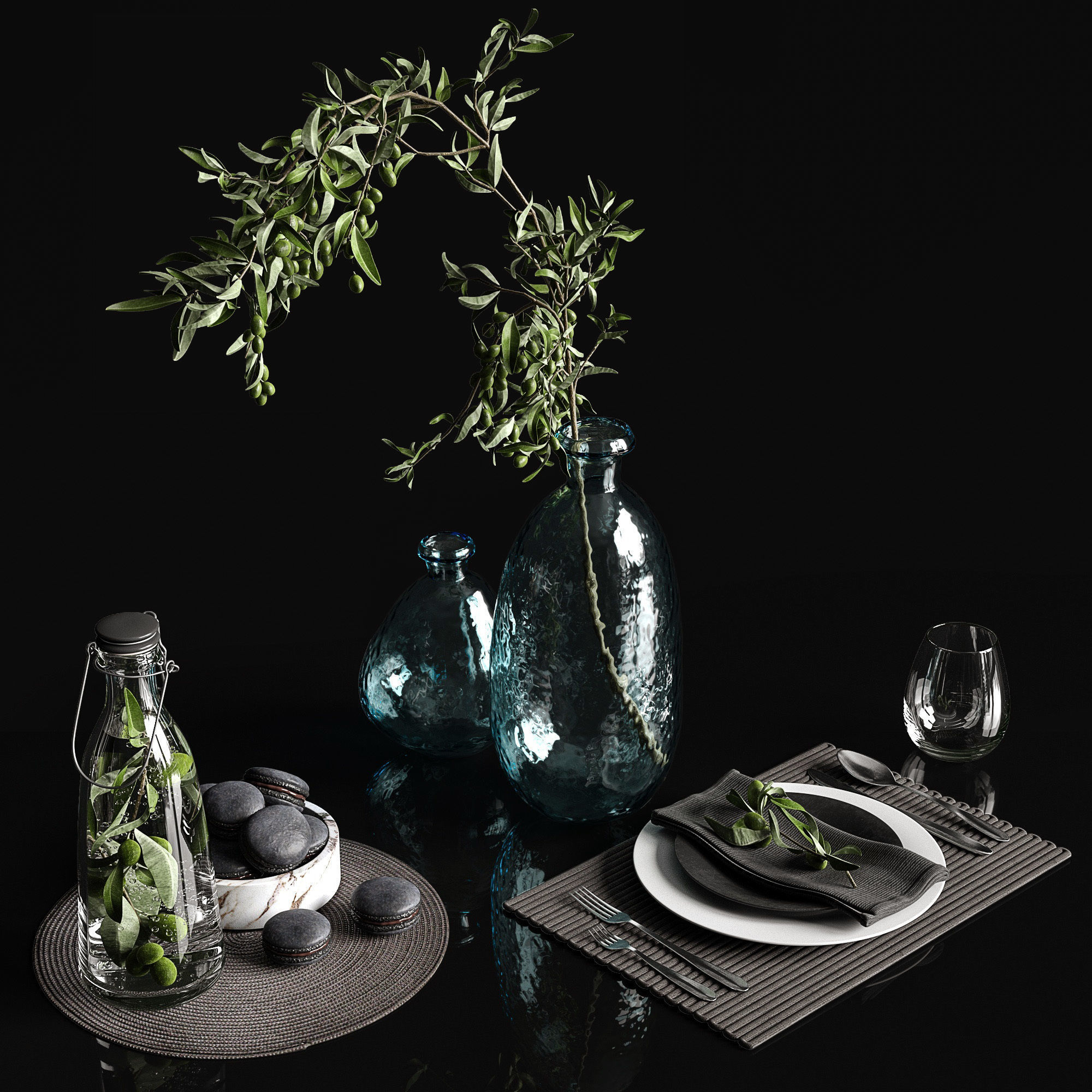 Olive and tableware 3D model_1
