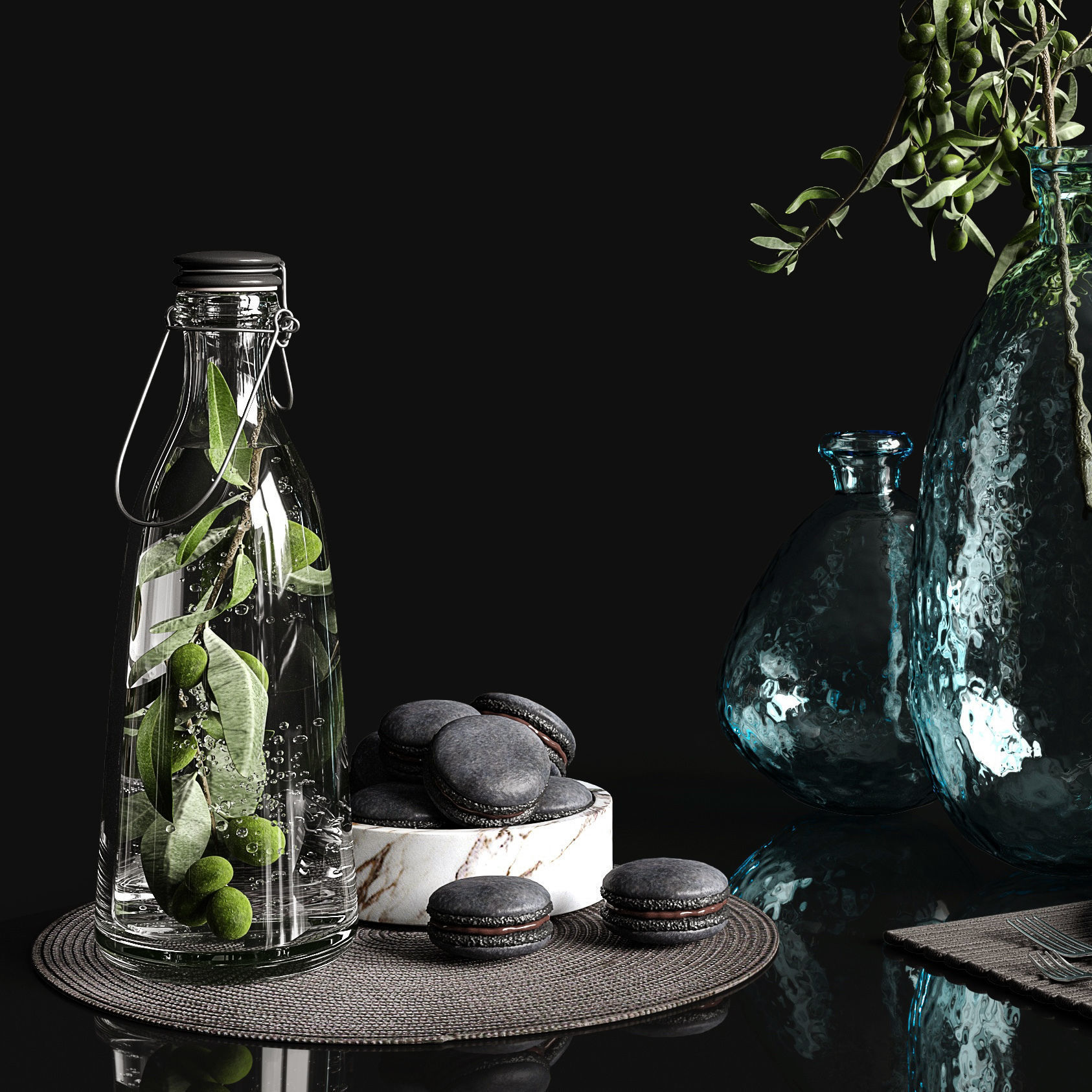 Olive and tableware 3D model_4