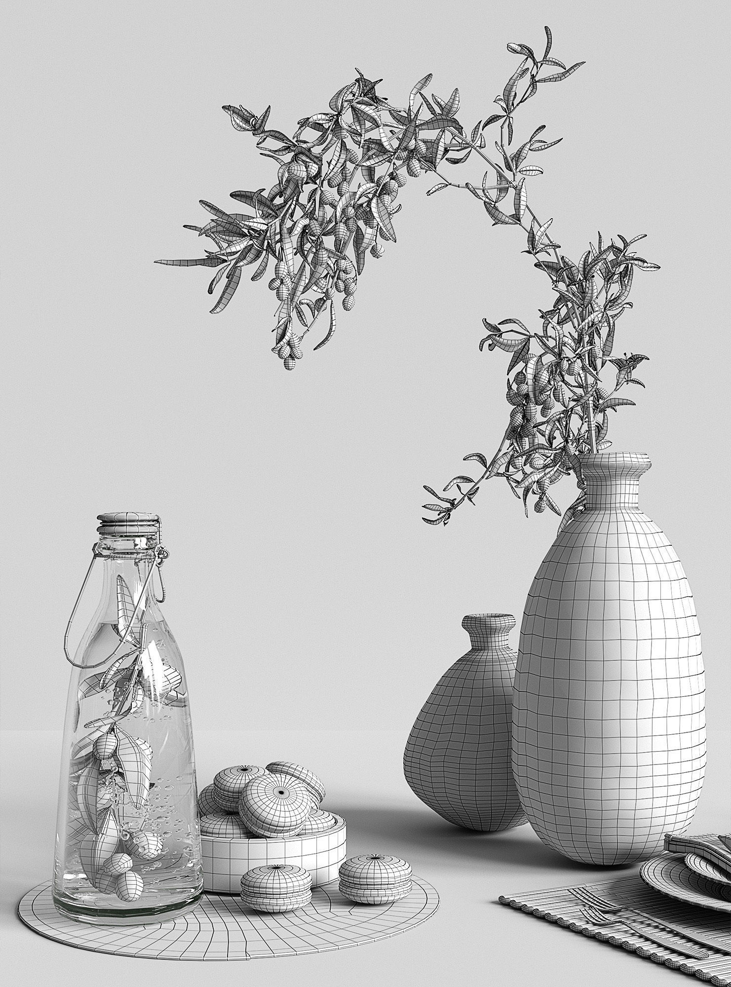 Olive and tableware 3D model_6
