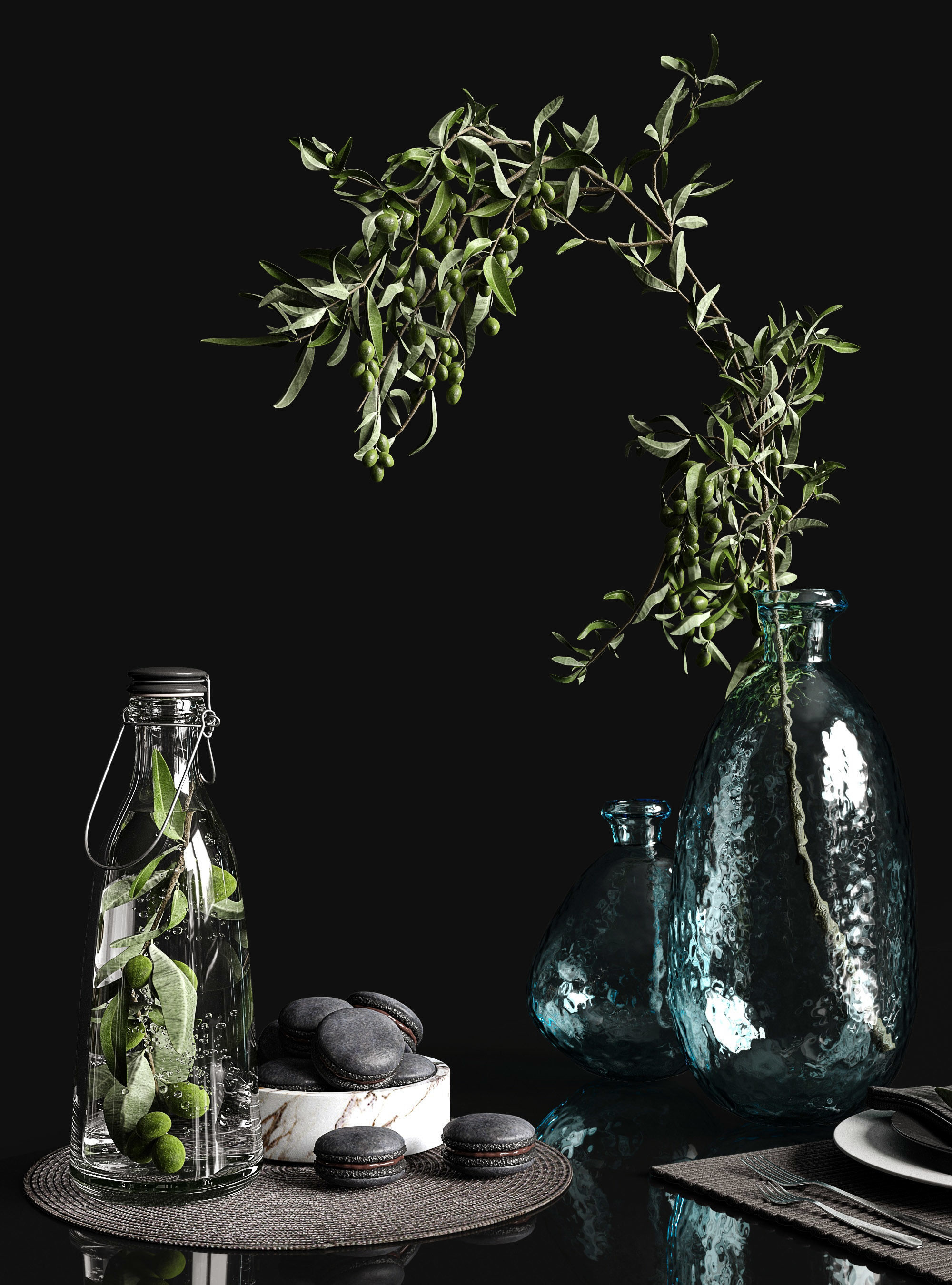 Olive and tableware 3D model_3