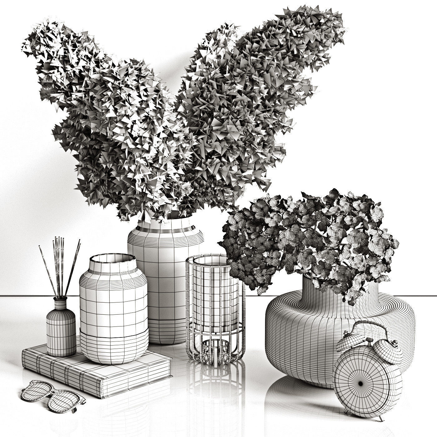 Pampas and hydrangea in milky vases 3D model_3