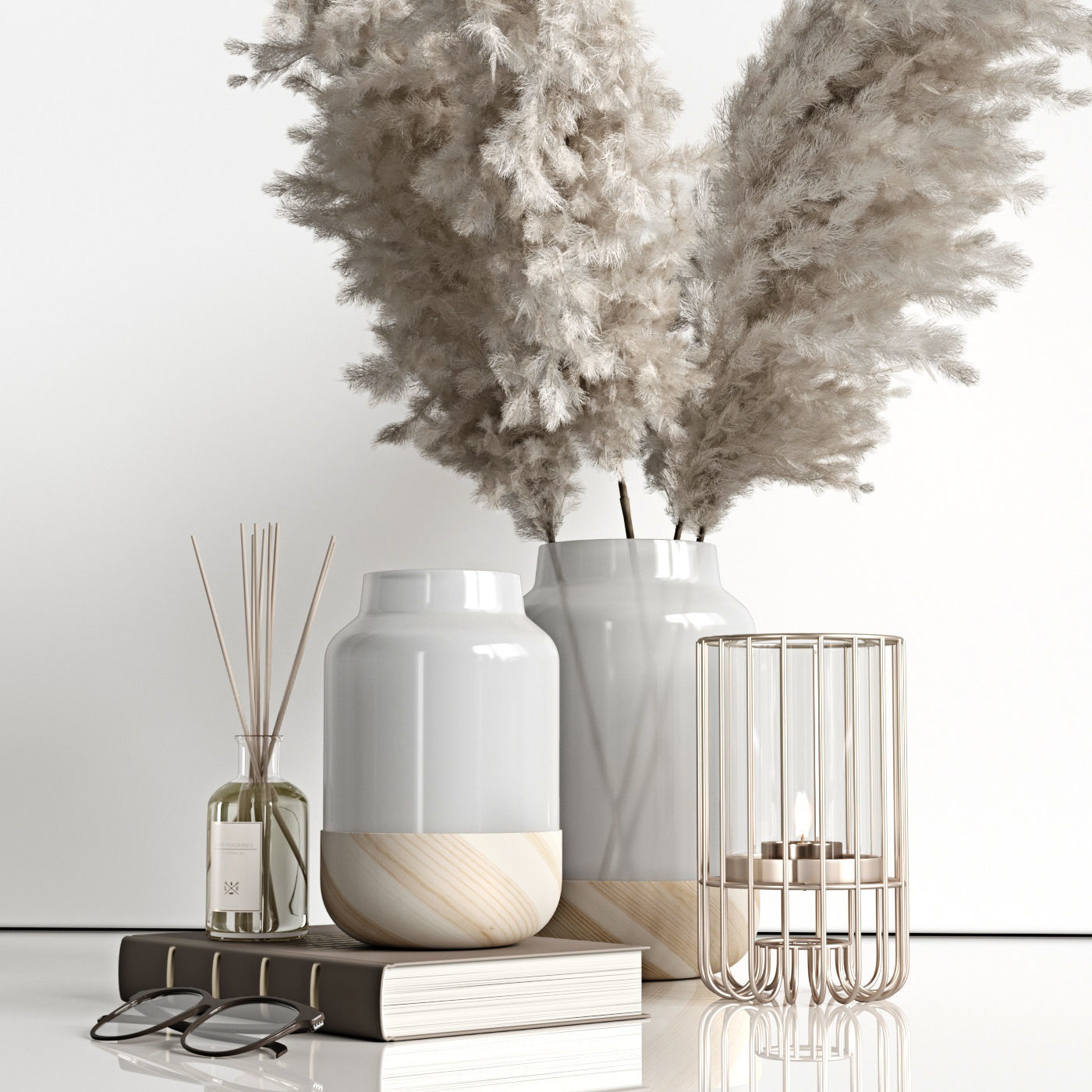 Pampas and hydrangea in milky vases 3D model_1