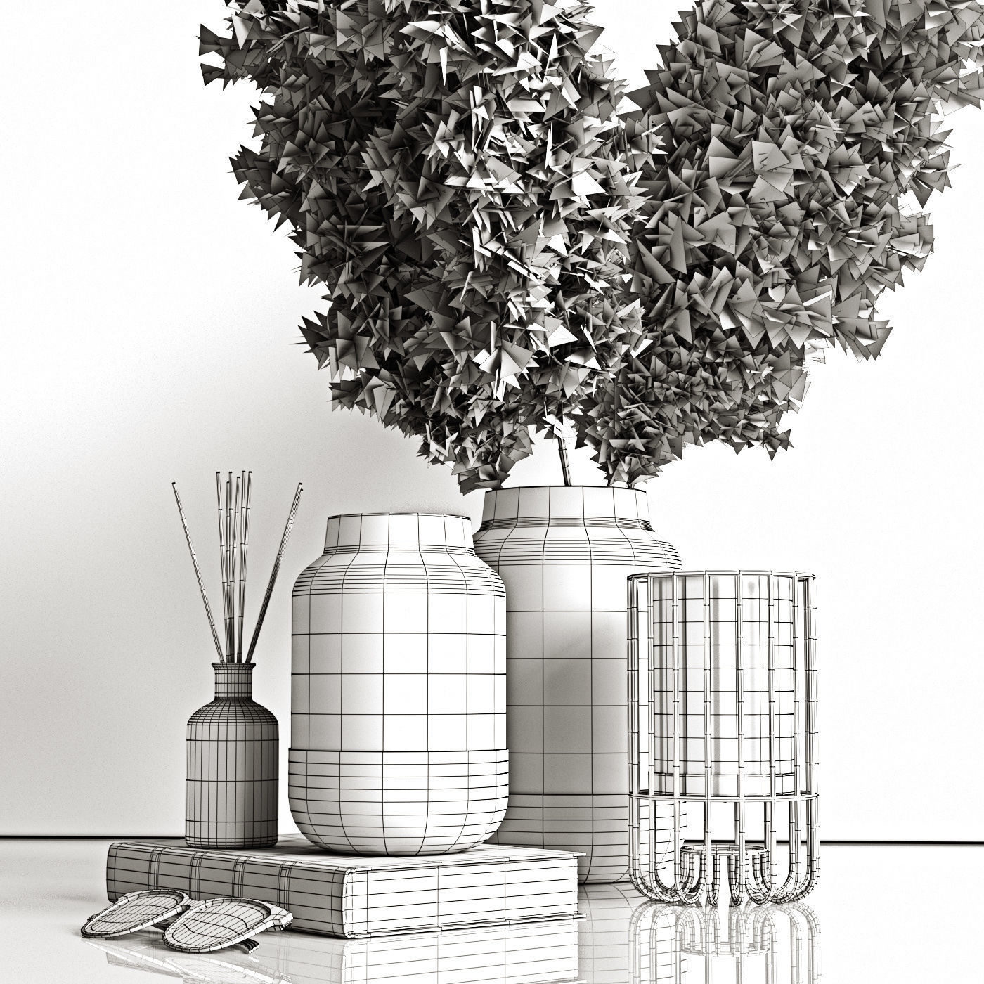 Pampas and hydrangea in milky vases 3D model_4