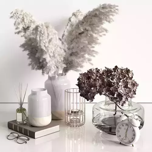Pampas and hydrangea in milky vases