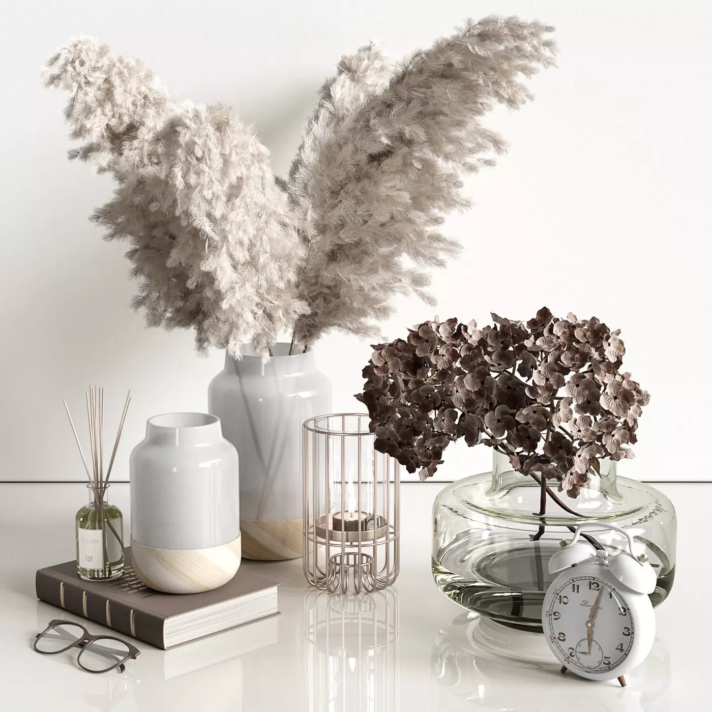 Pampas and hydrangea in milky vases 3D model_0