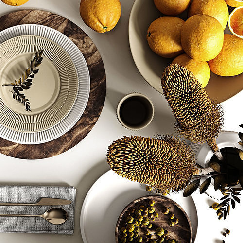 Oranges and tableware 3D model 2
