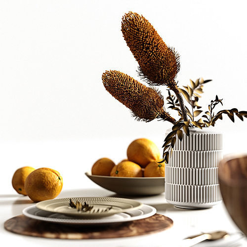 Oranges and tableware 3D model 3