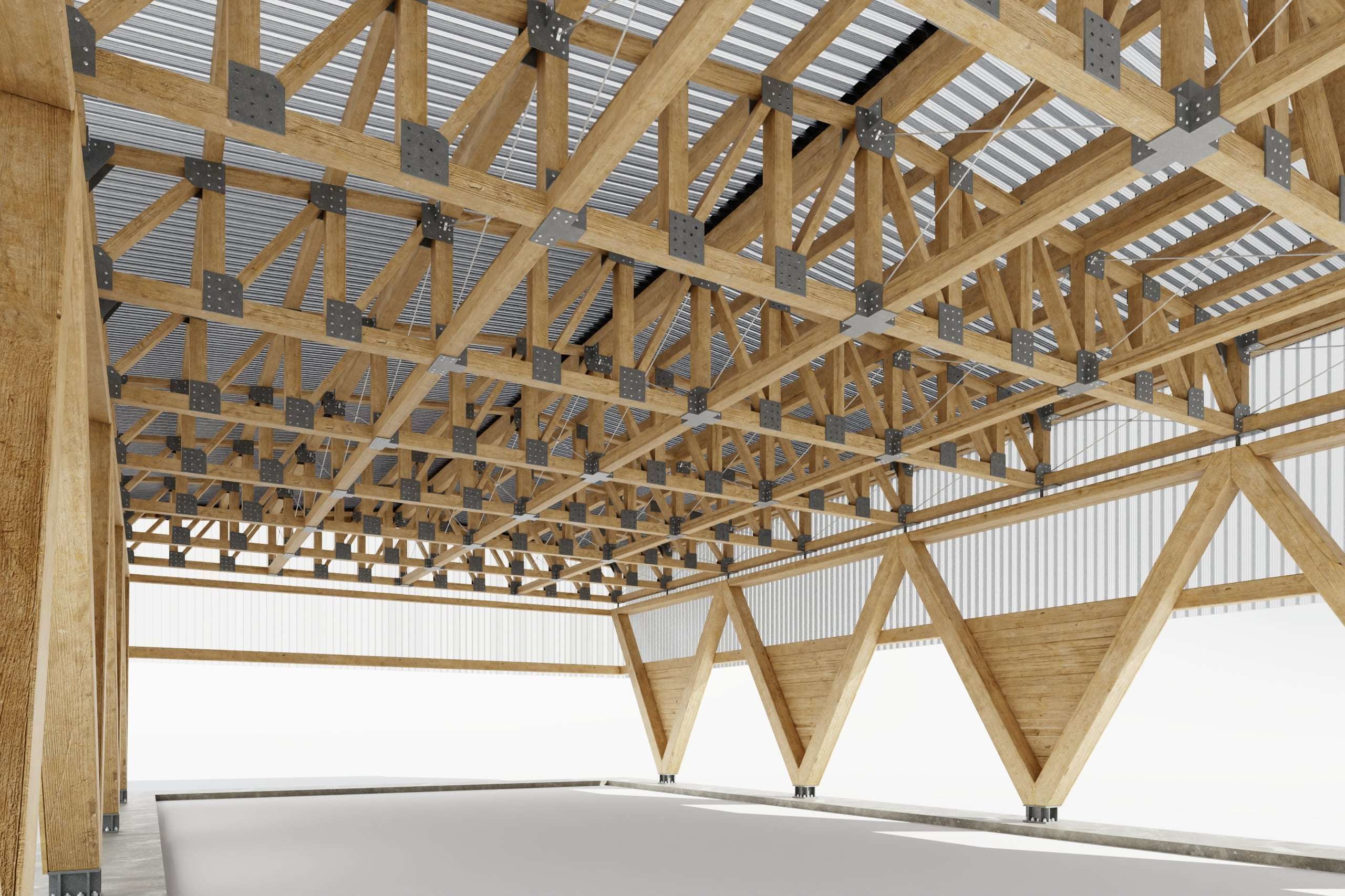 Industrial wooden truss hall - calculated 3D model_2